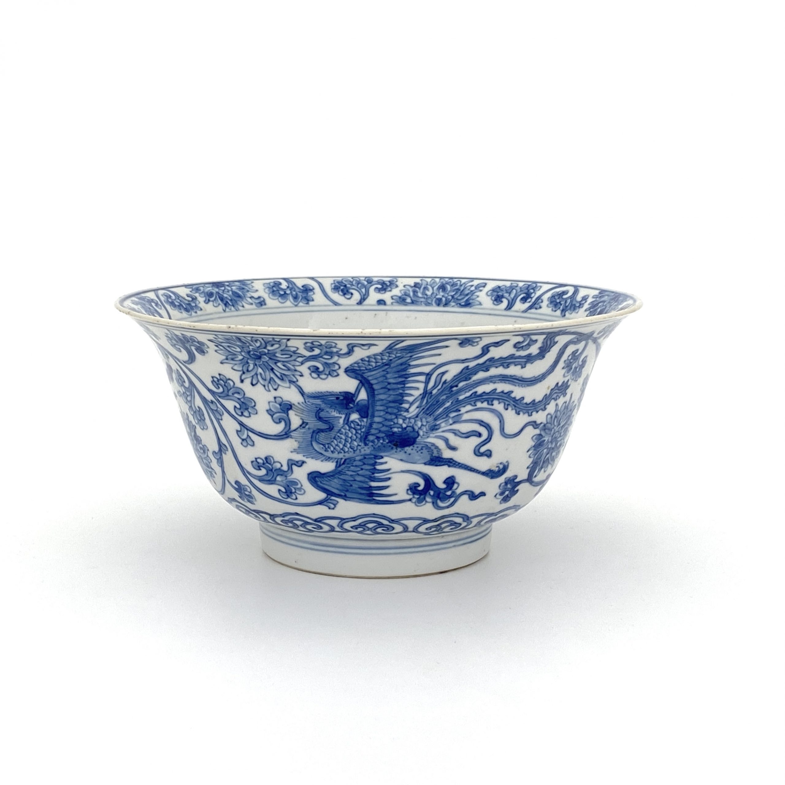 30406	清康煕「大明成化年製」款 青花 雙鳳図 碗