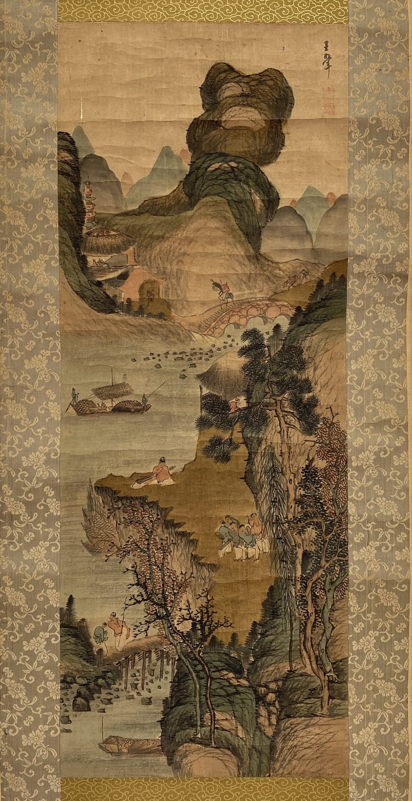 25695	「王石谷」款 山水人物図 軸	83×31.5㎝