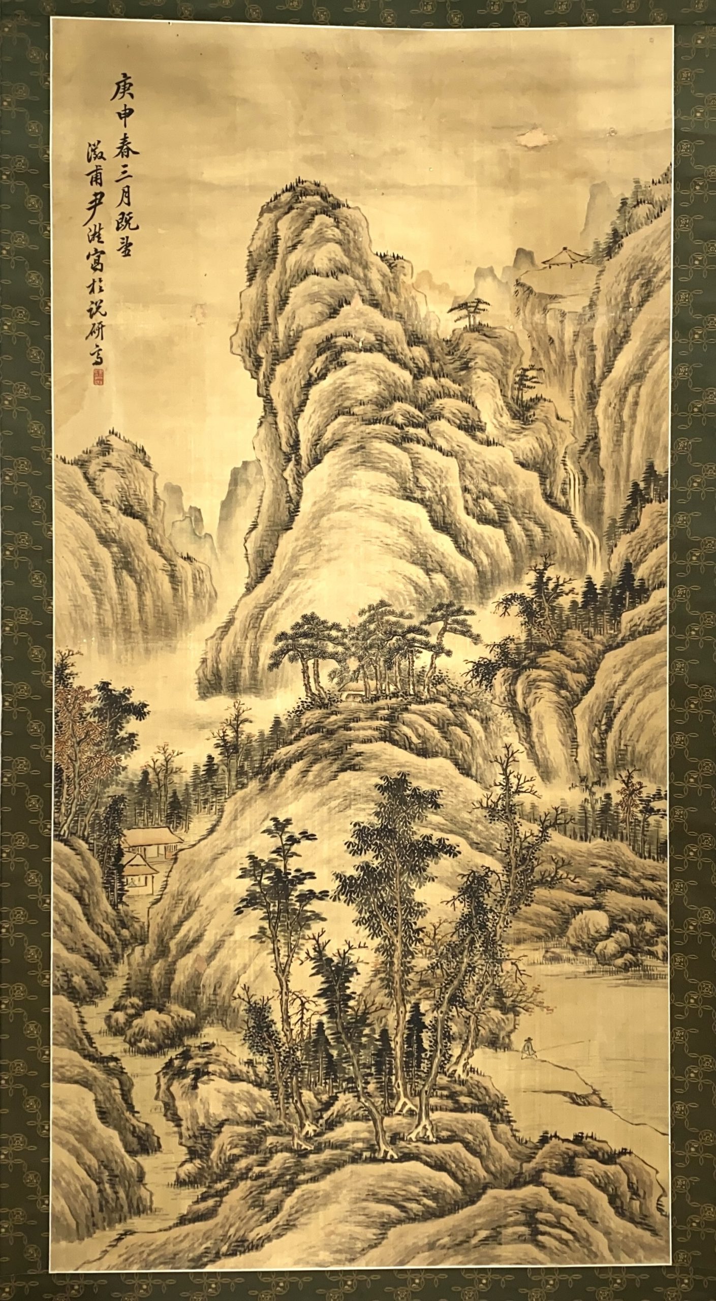 30638	「尹溎」画 山水人物図 軸	162×80.5㎝