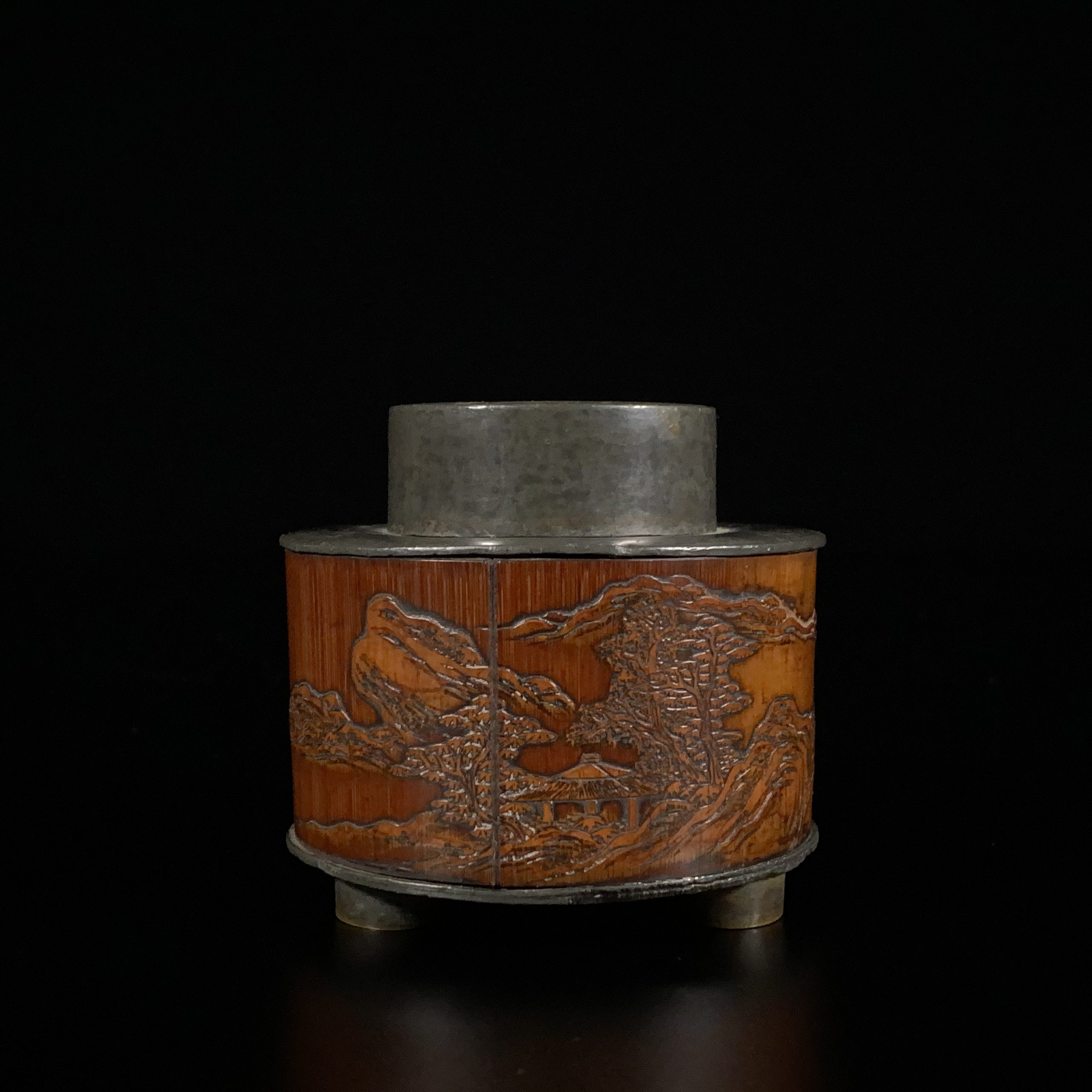 30091	清 錫嵌竹 山水紋 茶缸