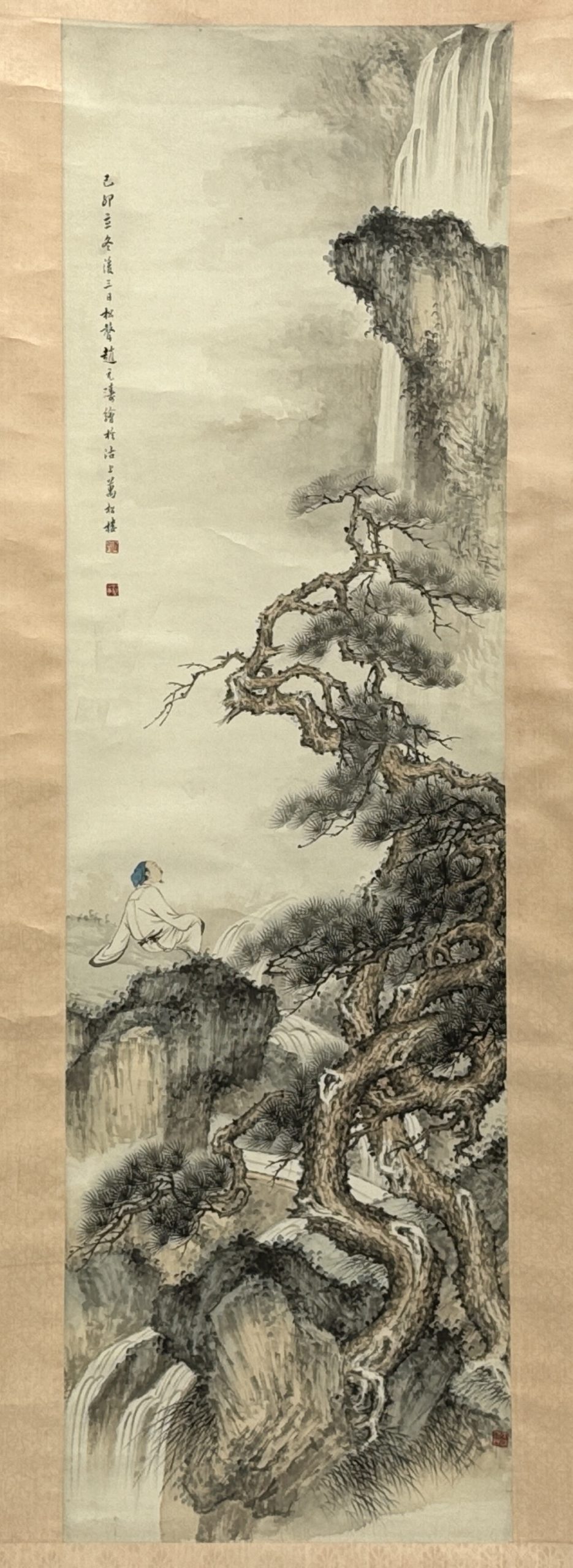 31703	「趙元涛」画 山水人物図 軸	110×32.5㎝