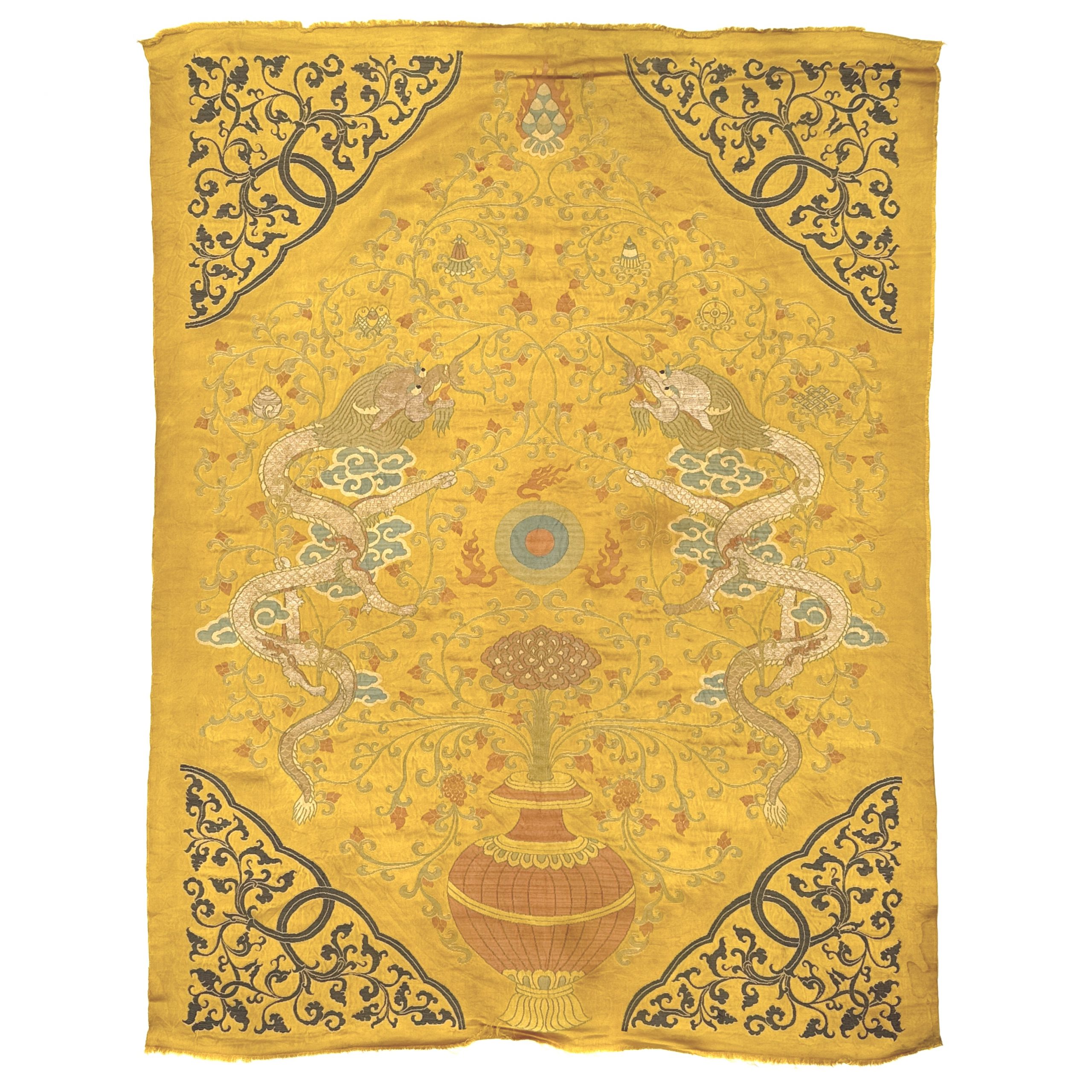 34292	清 黄地雙龍紋 錦 坐屏	98×76㎝