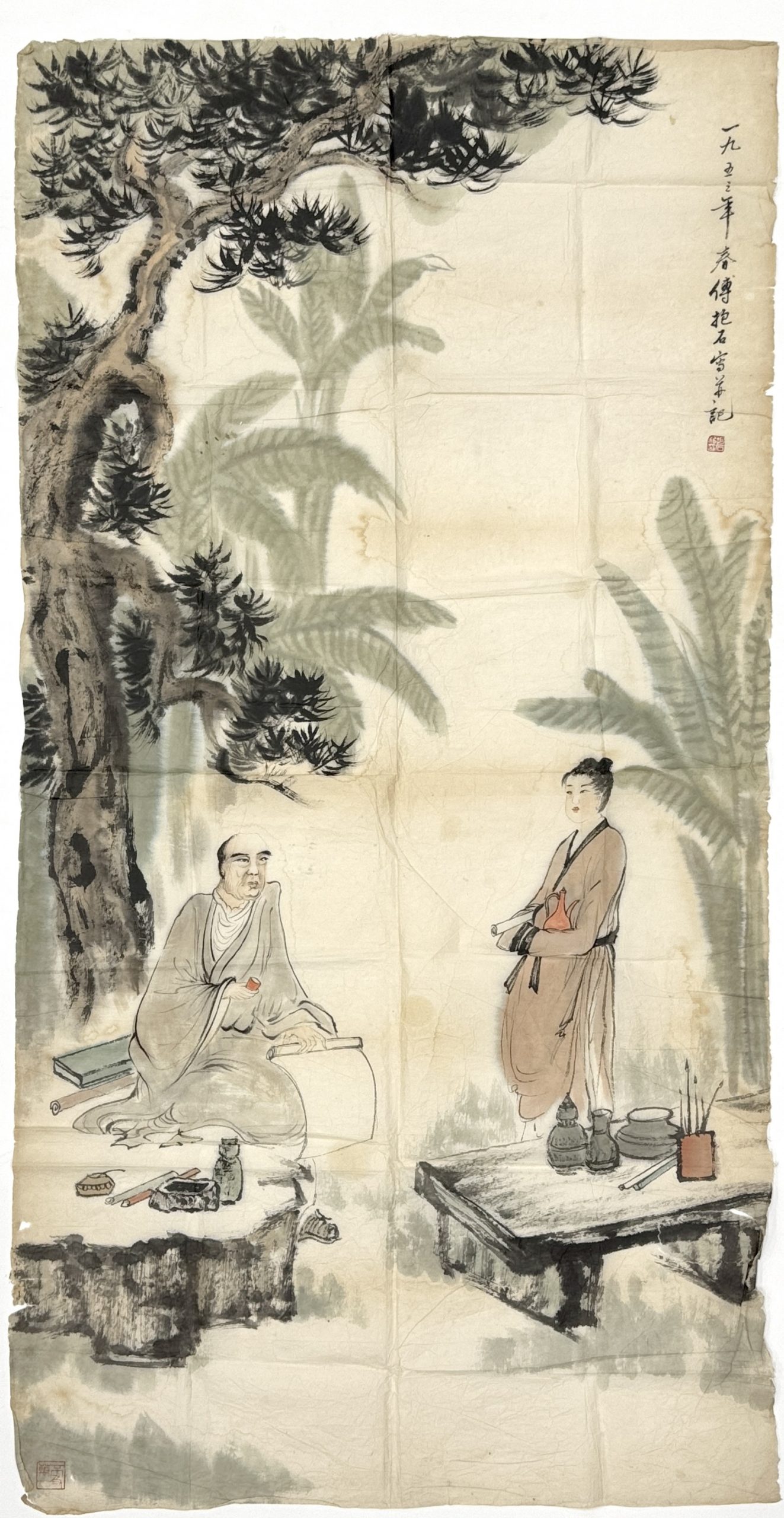 34339	「傅抱石」画 人物図 鏡心	126×66㎝