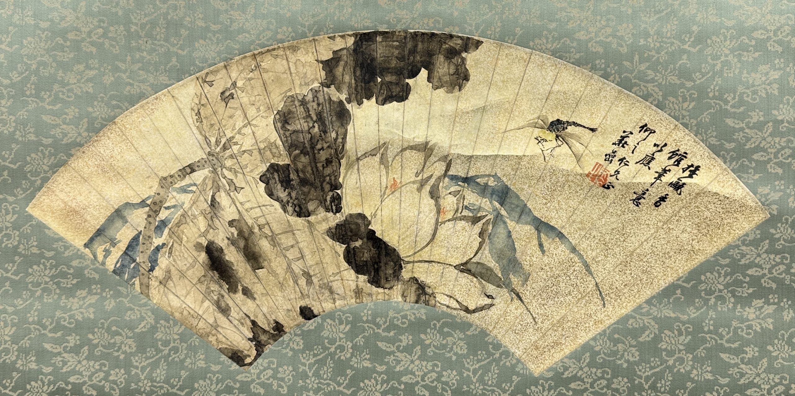 34343	「華嵒」画 花虫図 扇面 軸	22×50㎝