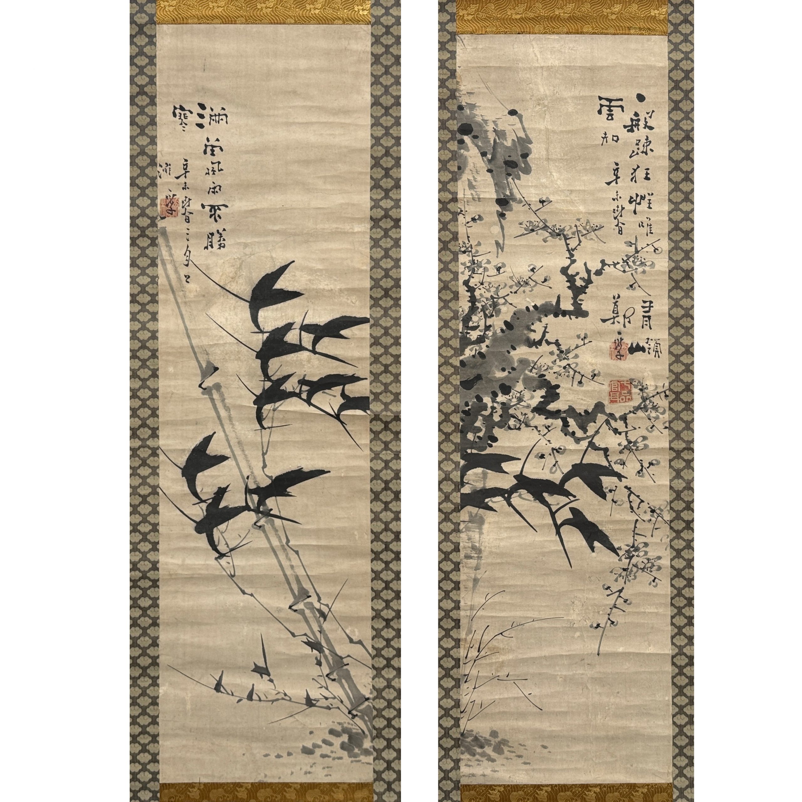 34392	「鄭板橋」画 花図 雙幅	104×29㎝