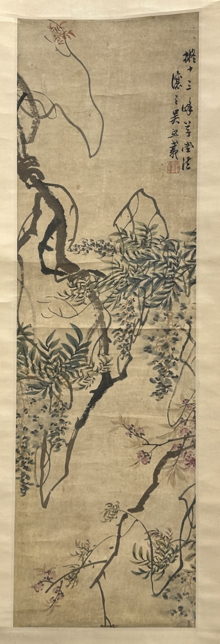 34401	「呉譲之」画 花図 軸	98×29㎝