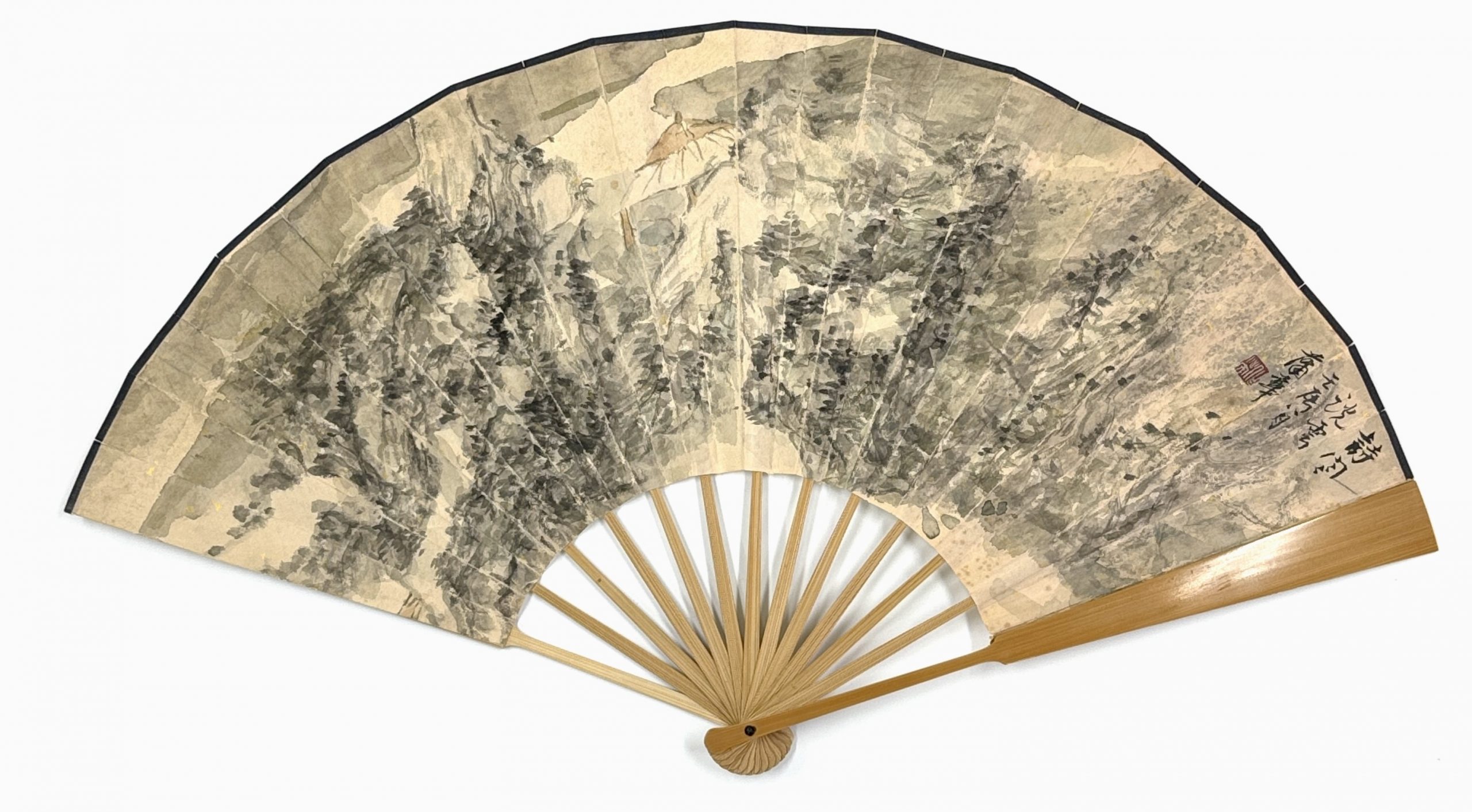 34404	「蒲華」画 山水図 扇面	25×58㎝