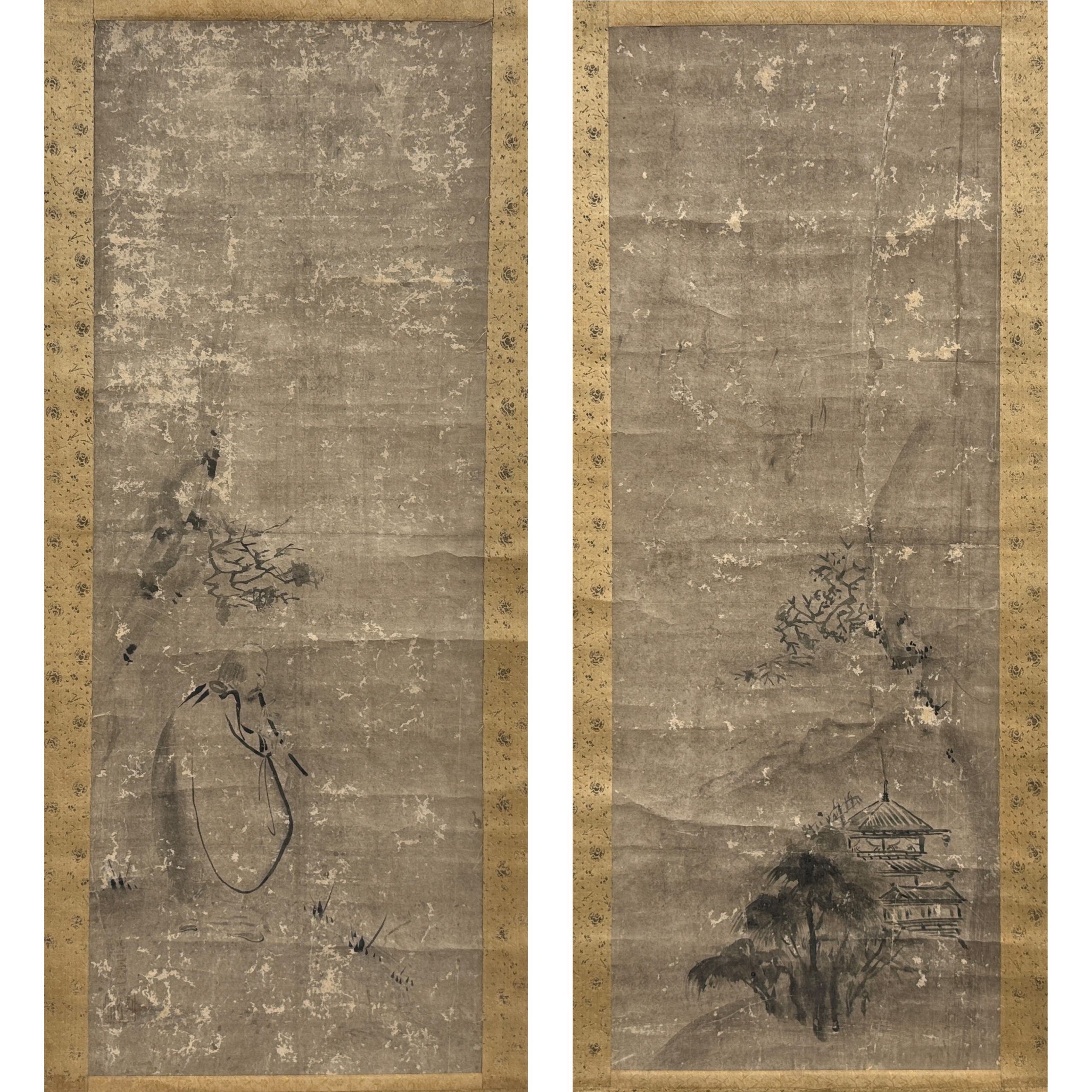 34447	古画 人物図 軸 一対	95×36㎝