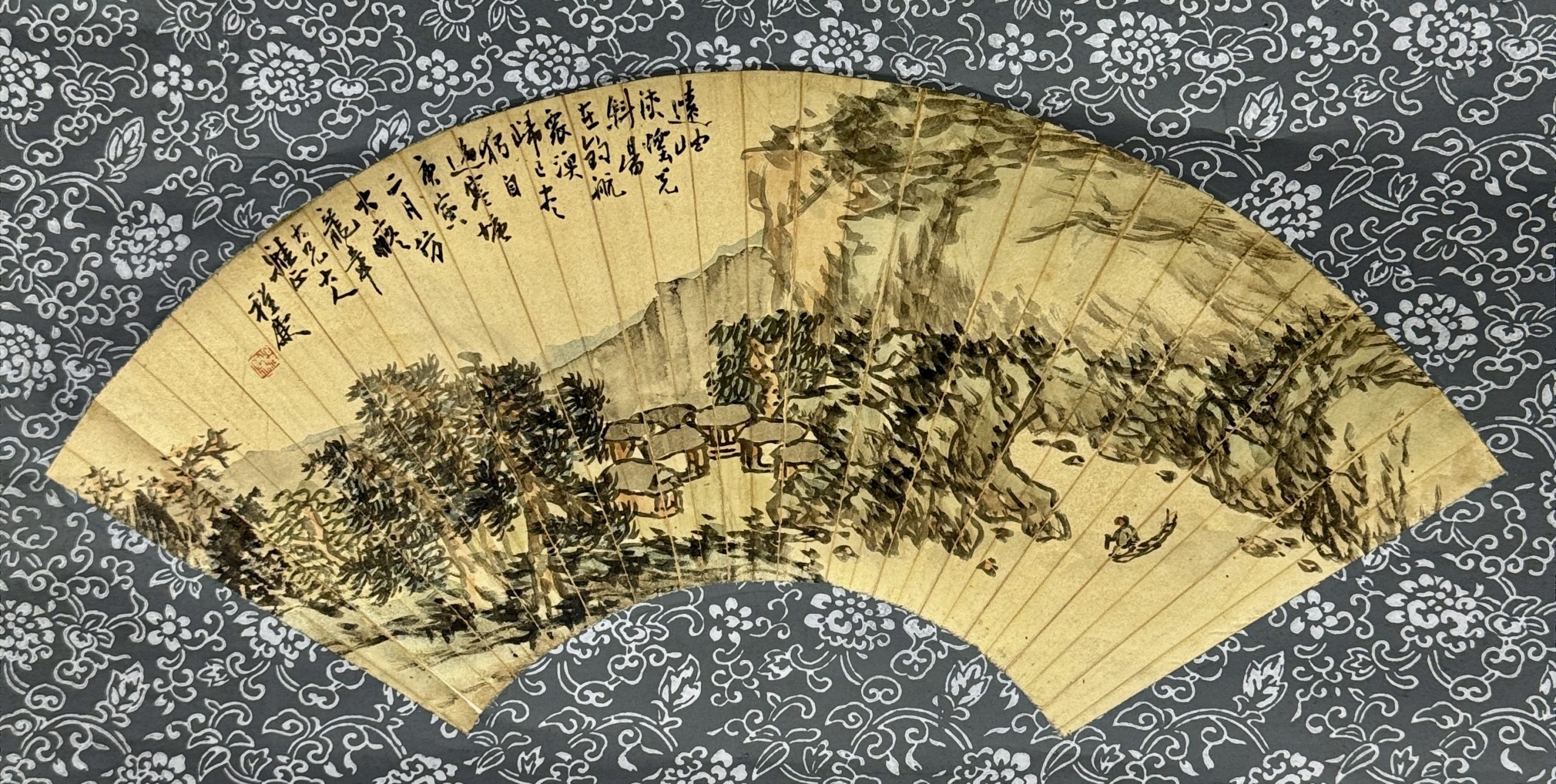 34451	「程廉」画 山水図 扇面 軸	22×52㎝