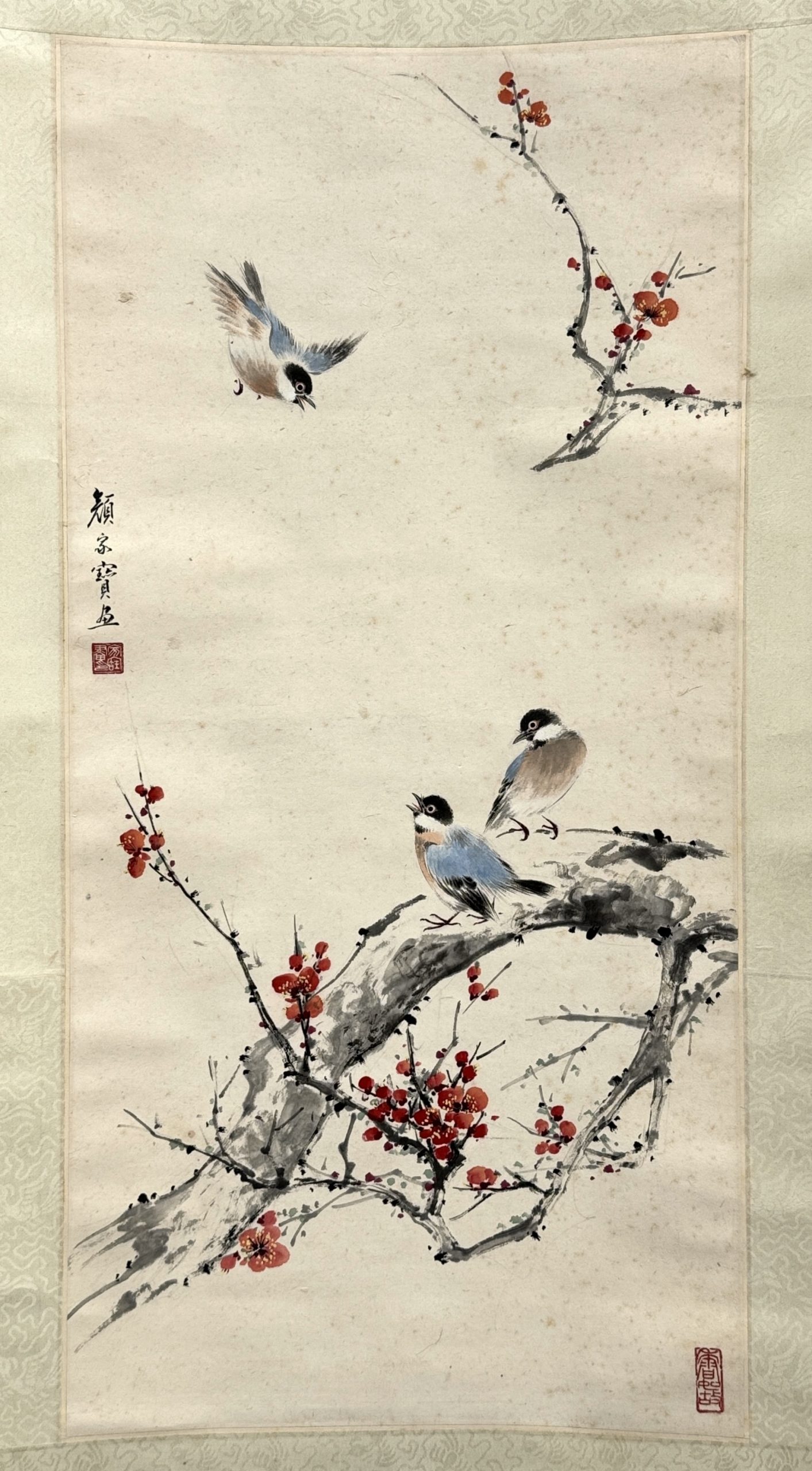 34455	「顔家寶」画 花鳥図 軸	69×34㎝