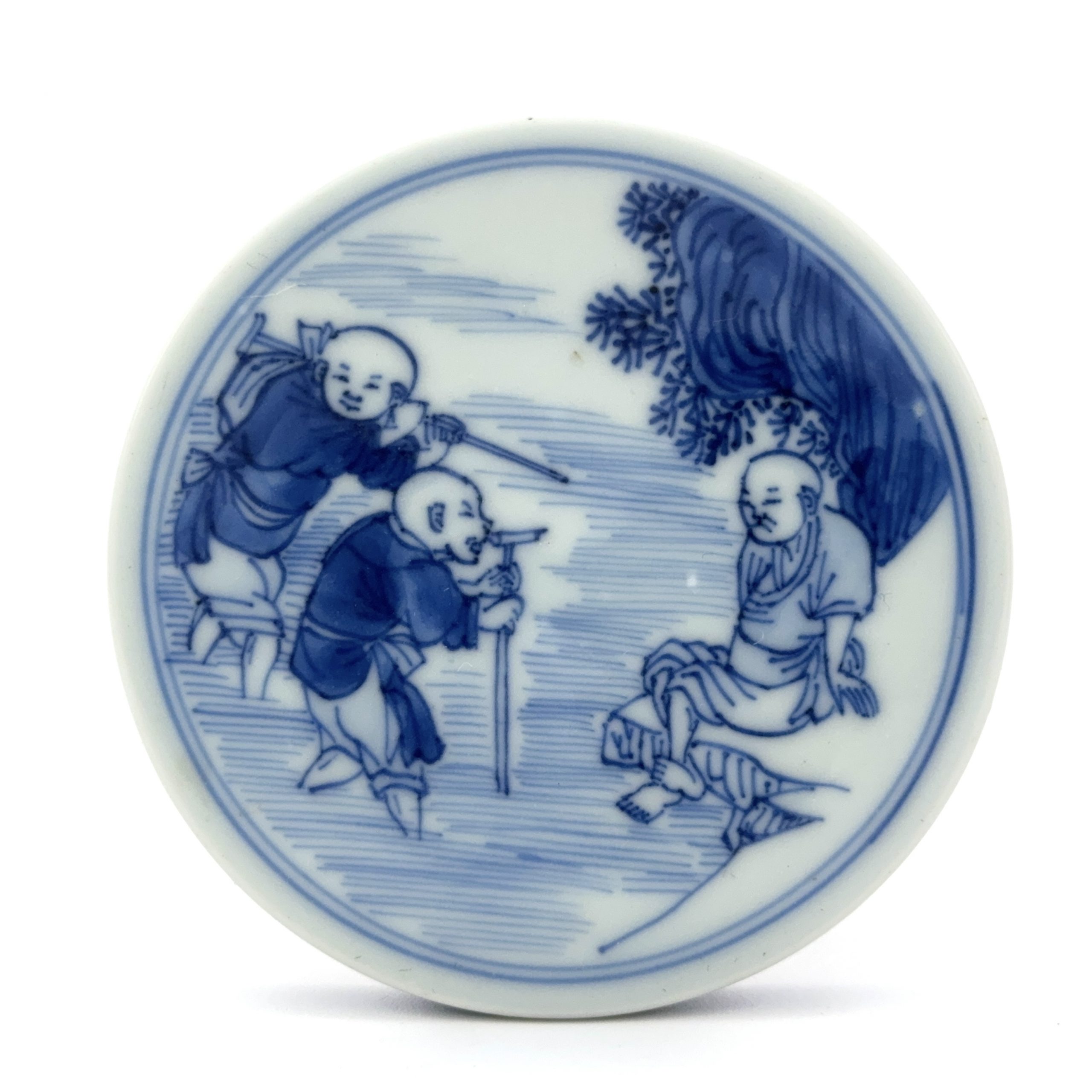 35058	清初 青花 童子図 圓盒