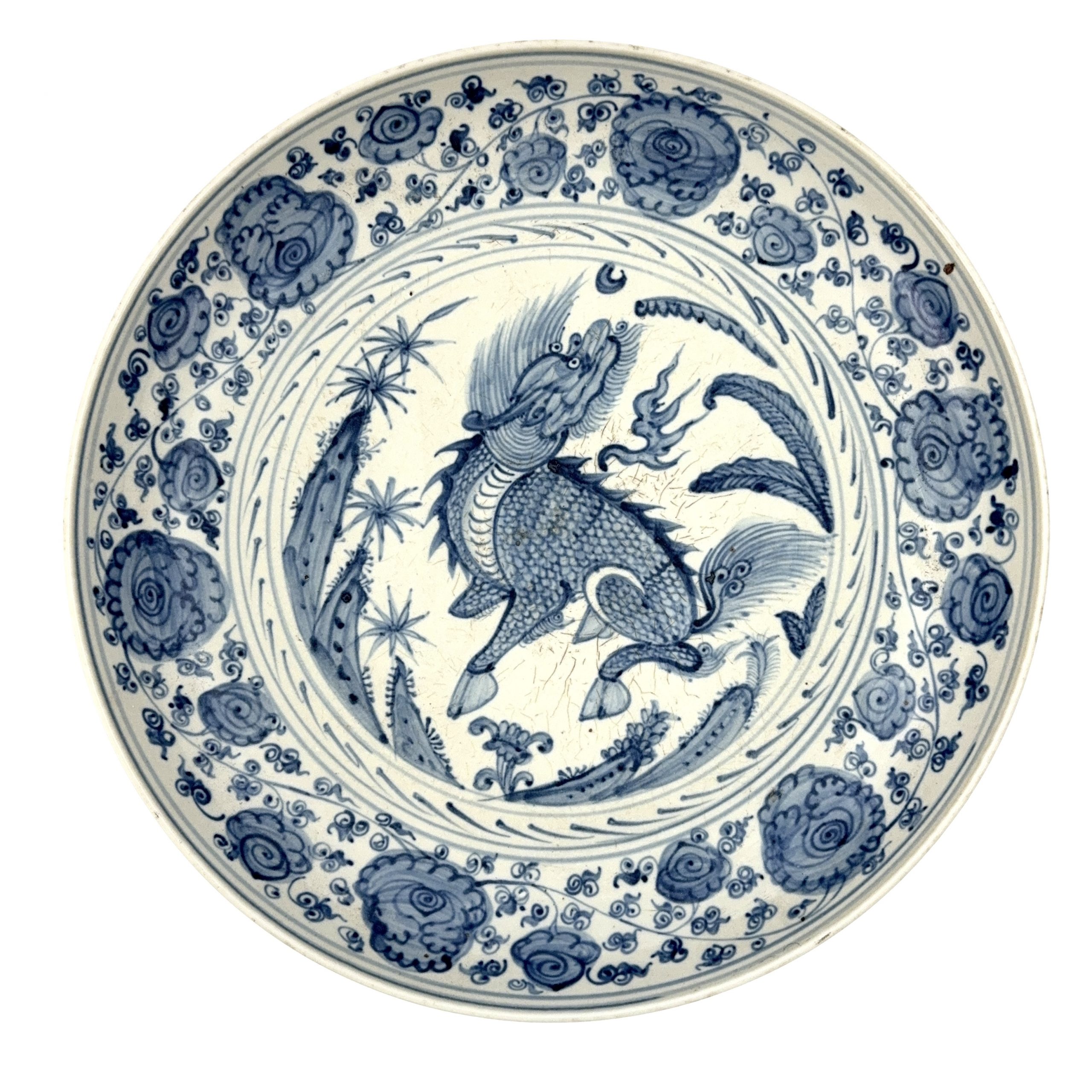 35061	明初 青花 麒麟図 大盤