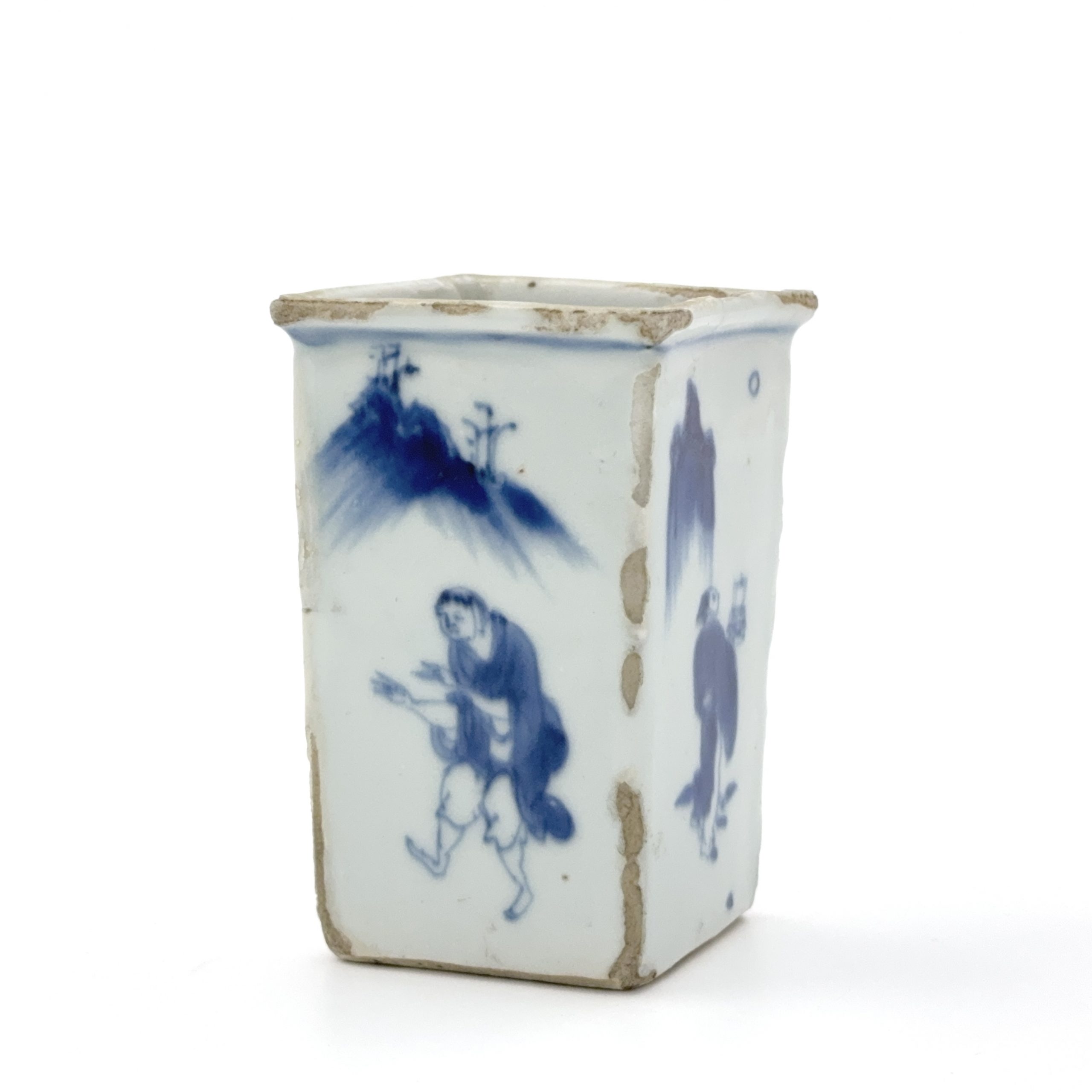 35076	明末清初 青花 山水人物図 方杯