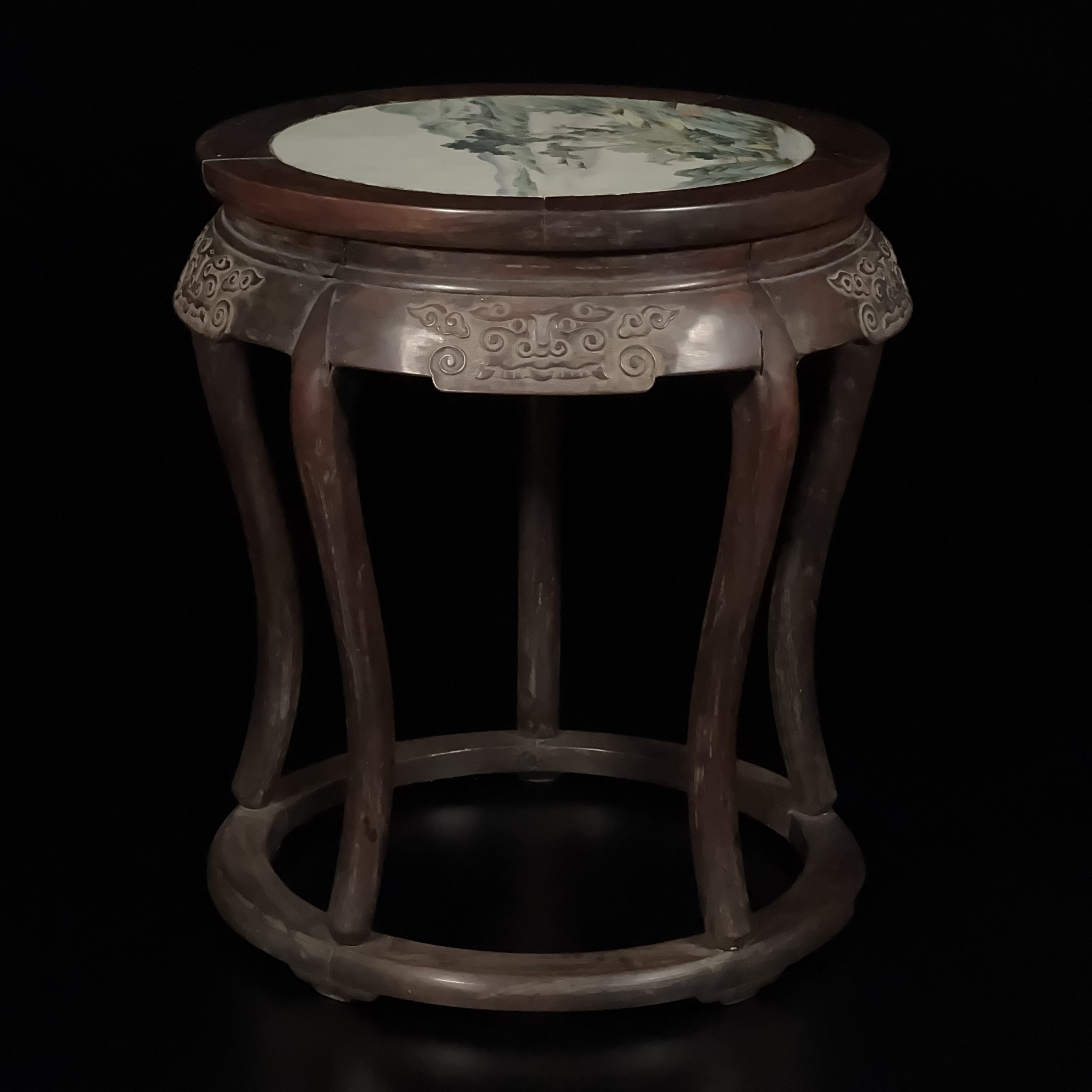 35081	清「採根堂製」款 粉彩 山水紋 陶板嵌桌