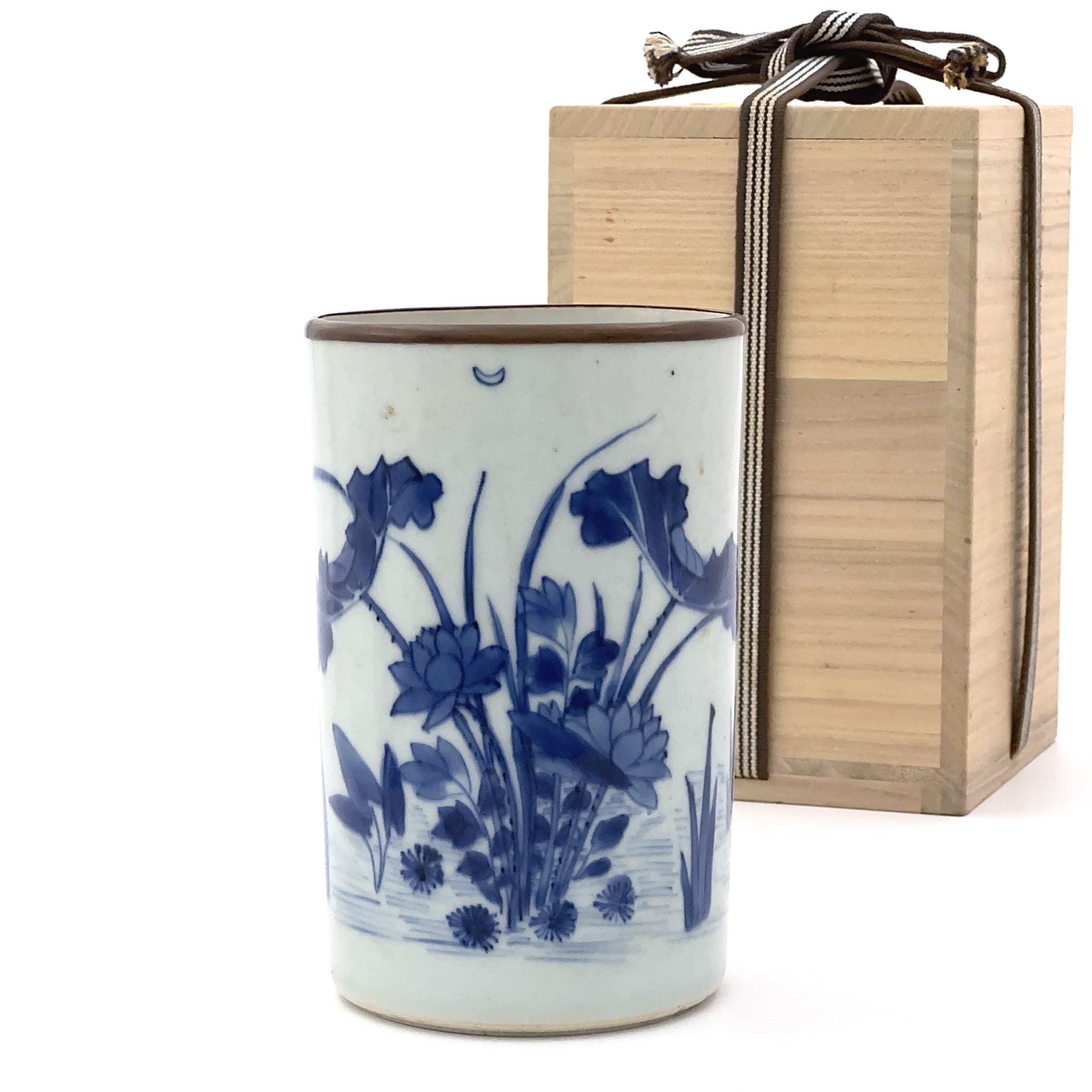 35083	清初 青花 花鳥図 筆筒