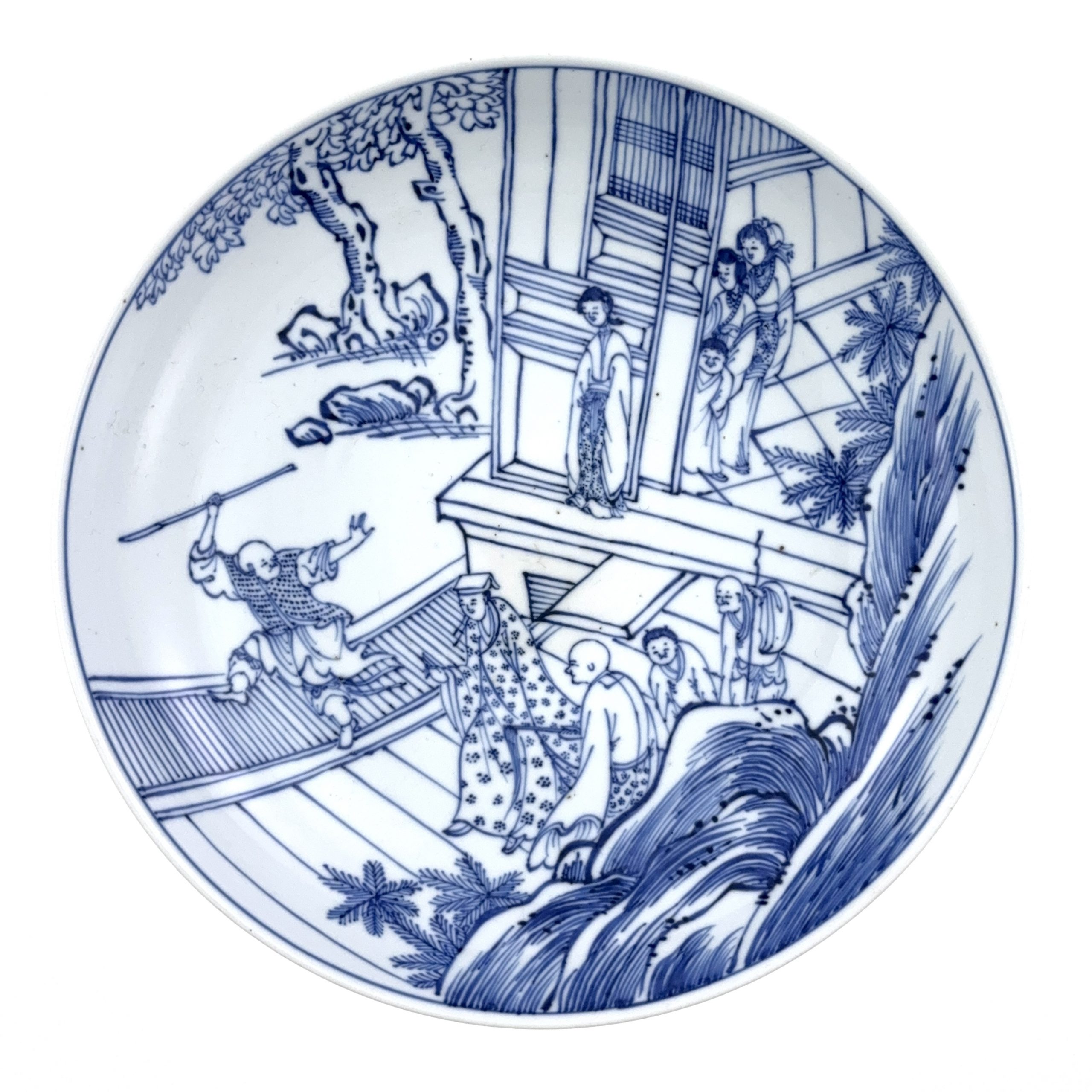 35088	清初「大明成化年製」款 青花 楼閣人物図 盤