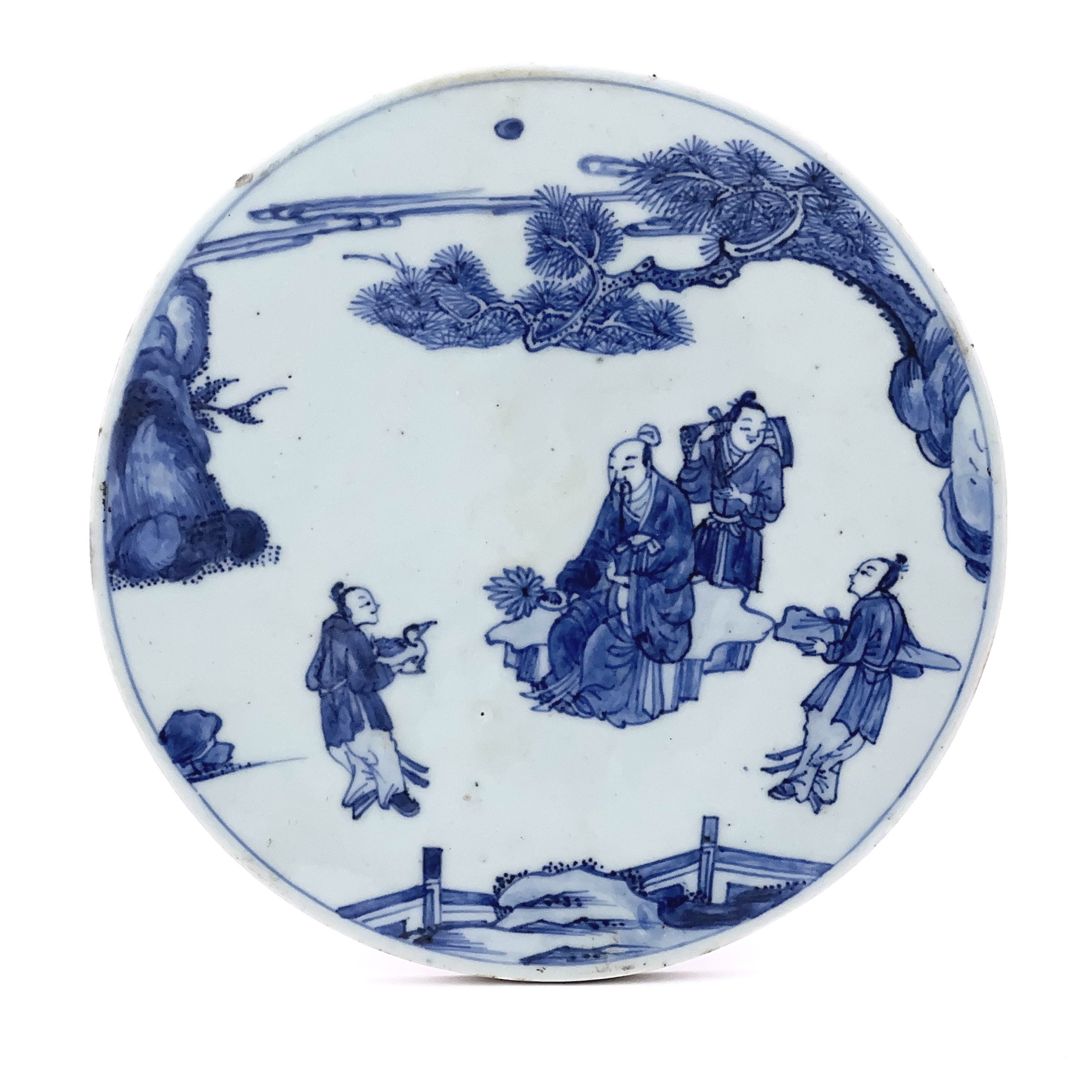 35092	清初 青花 山水人物図 陶板