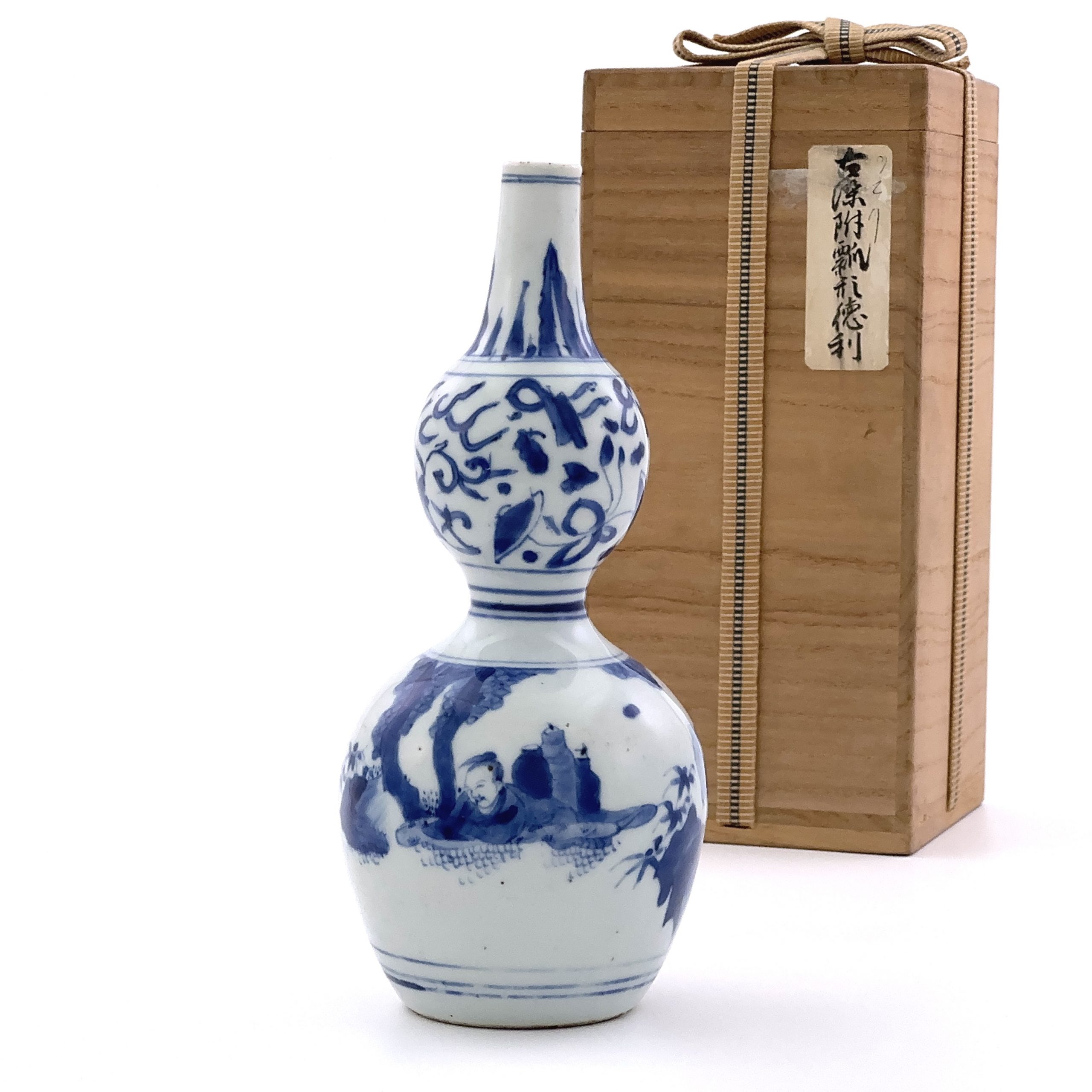 35096	清初 青花 山水人物図 葫蘆瓶