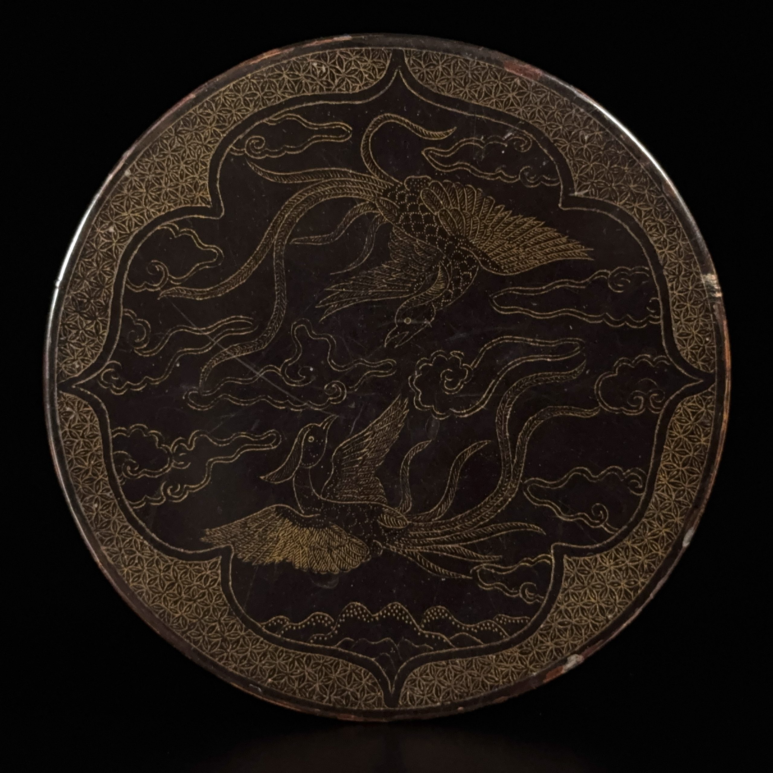 35196	明末 黒漆描金 鳳凰紋 圓盒