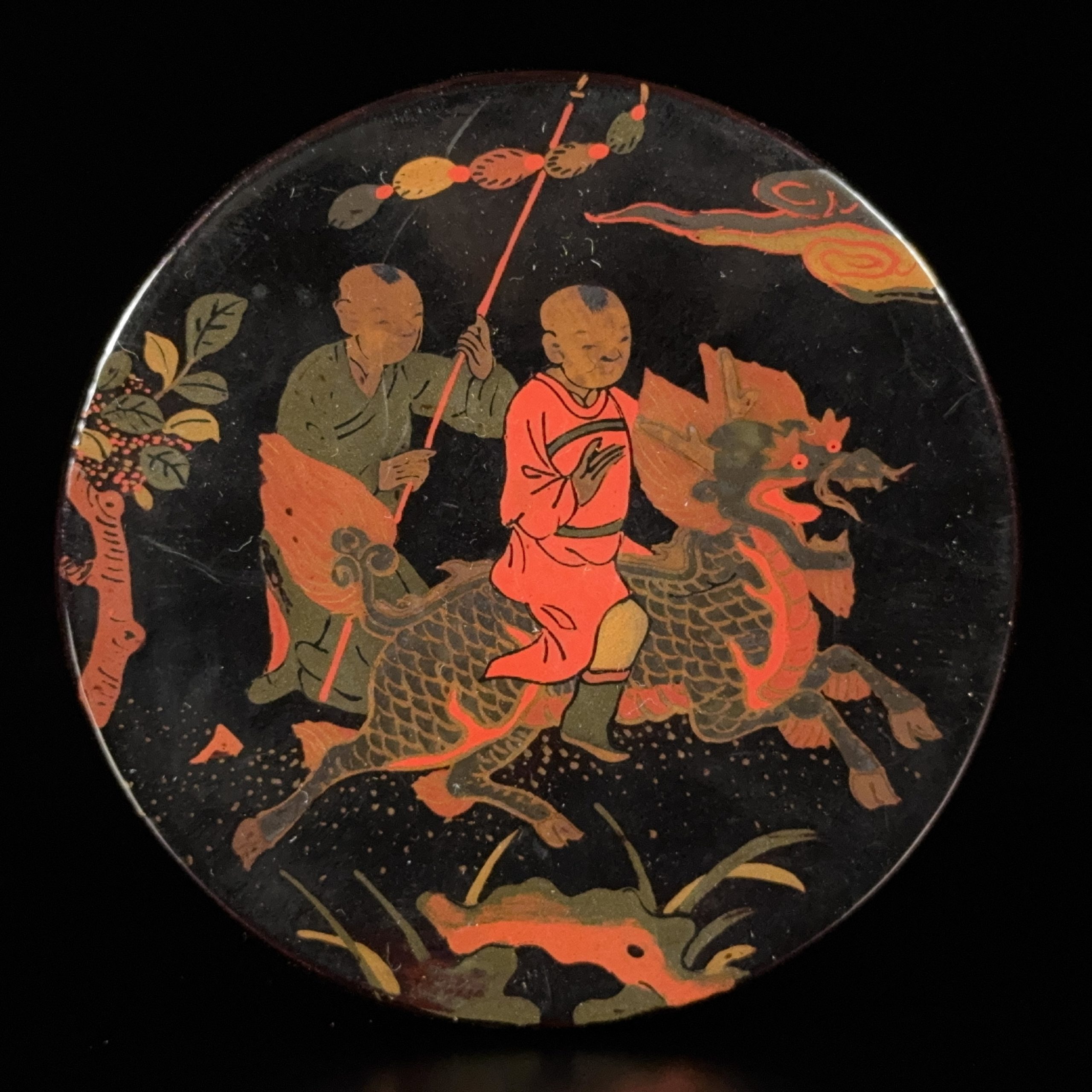 35200	明末 黒漆漆彩 童子紋 圓盒