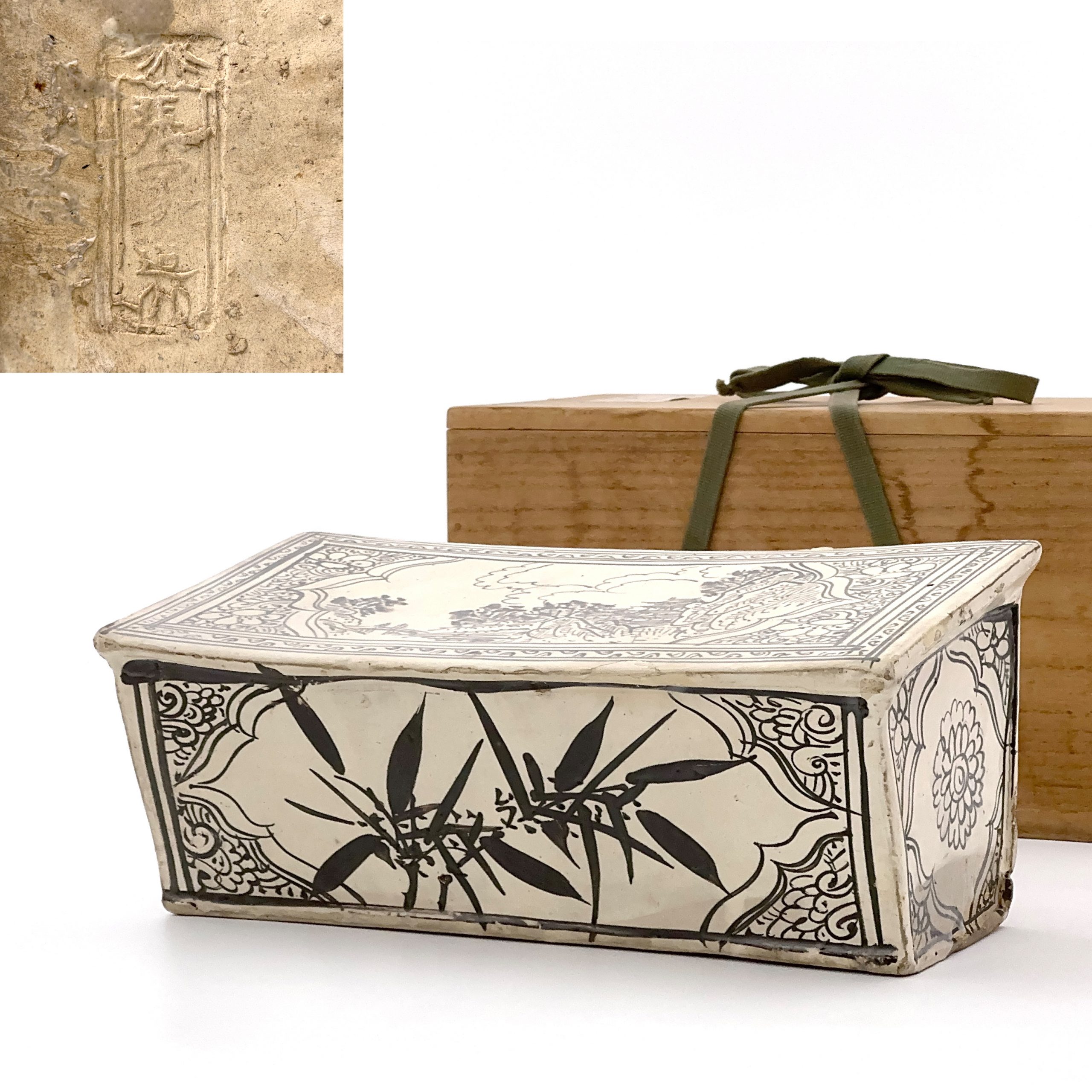 35230	元「張家造」款 磁州窯 花山水紋 陶枕