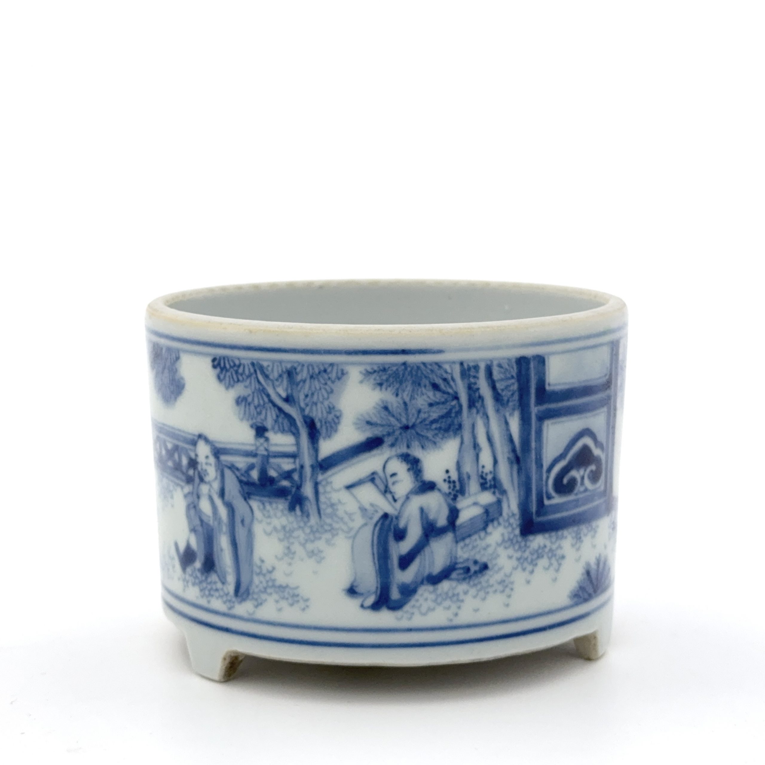 35249	清初 青花 山水人物図 三足爐