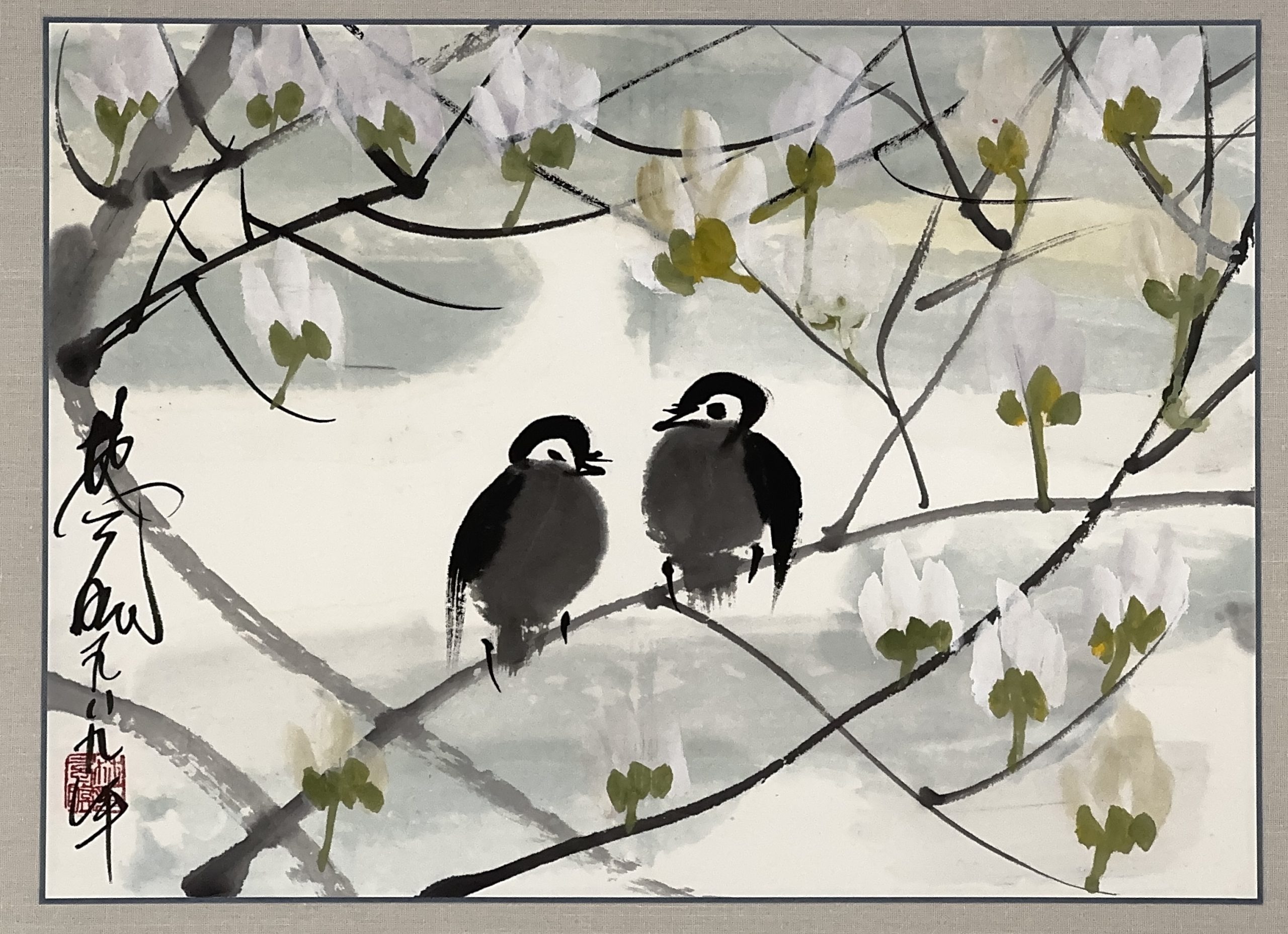 35502	「林風眠」花鳥図 額	30×41㎝