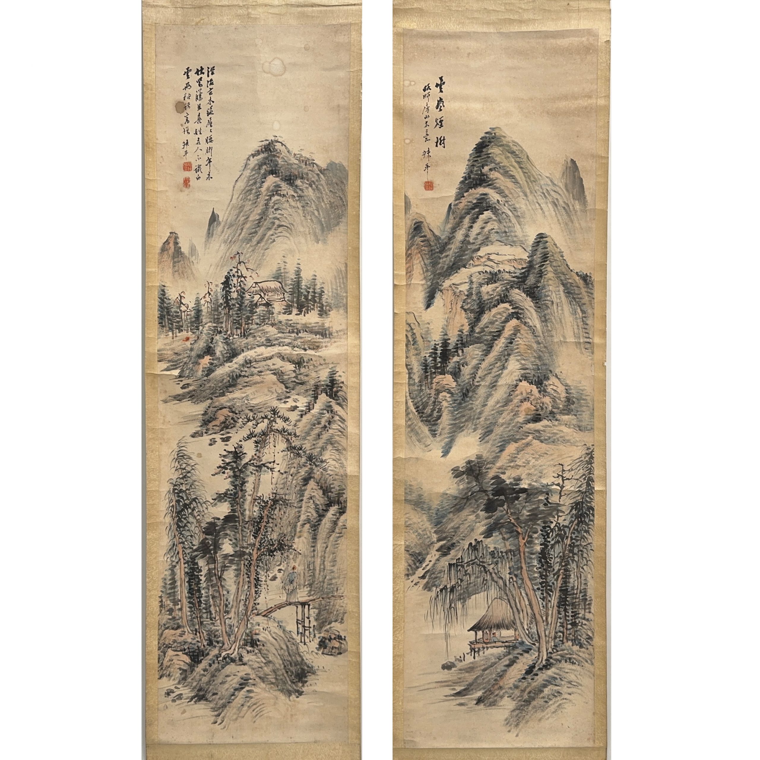 35526	「姚叔平」画 山水図 軸 一対	150×40㎝