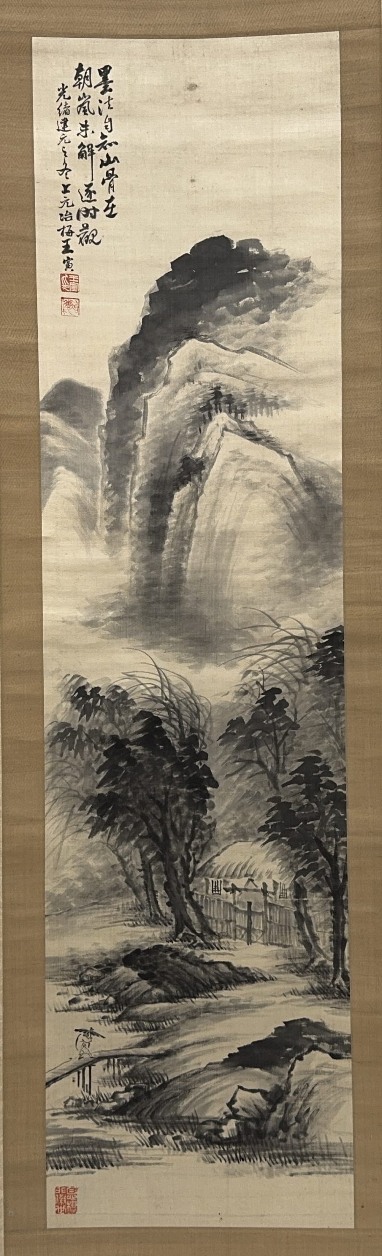 35537	清「王冶梅」画 山水人物図 軸	133×34㎝