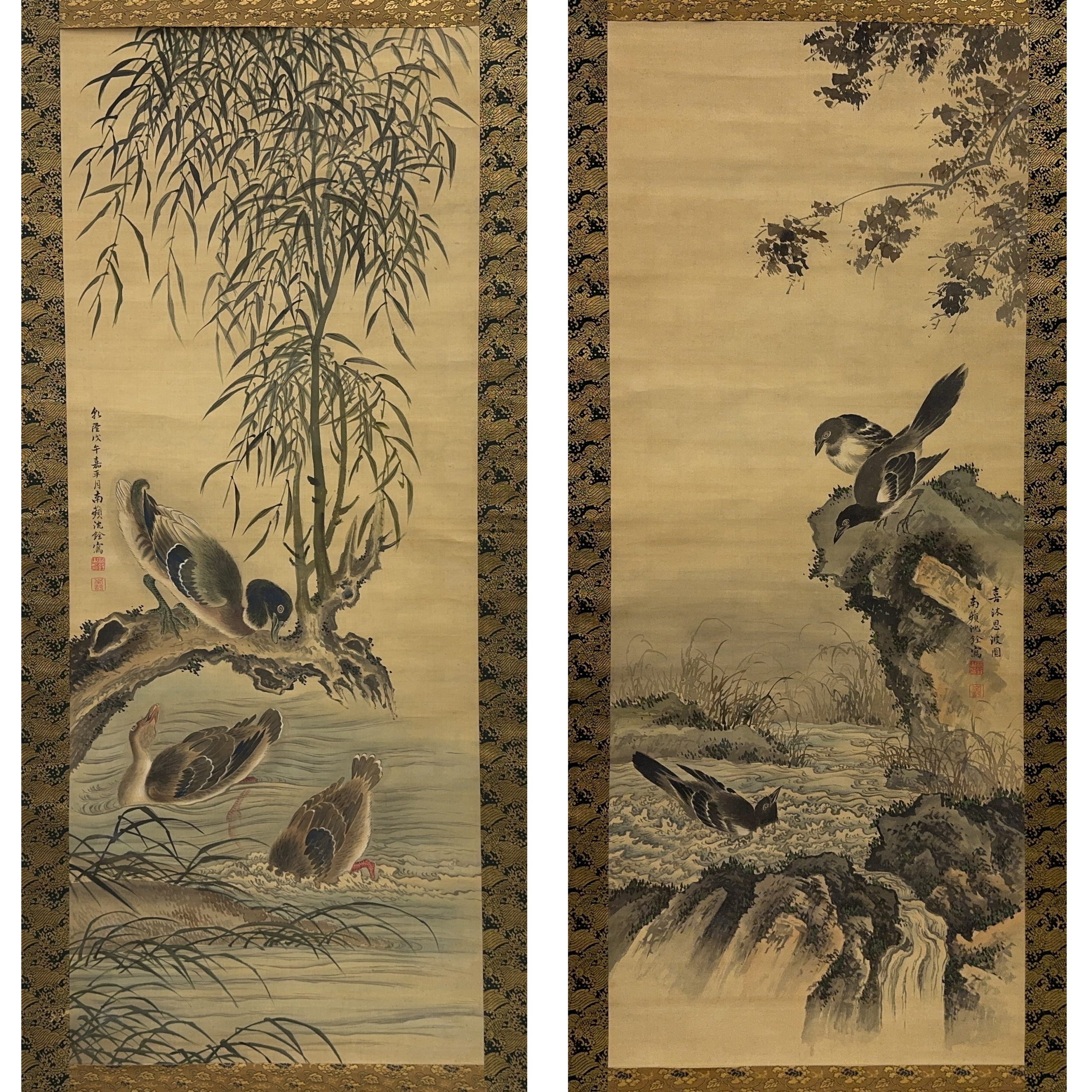 35545	「沈南蘋」画 花鳥図 軸 一対	127×51㎝