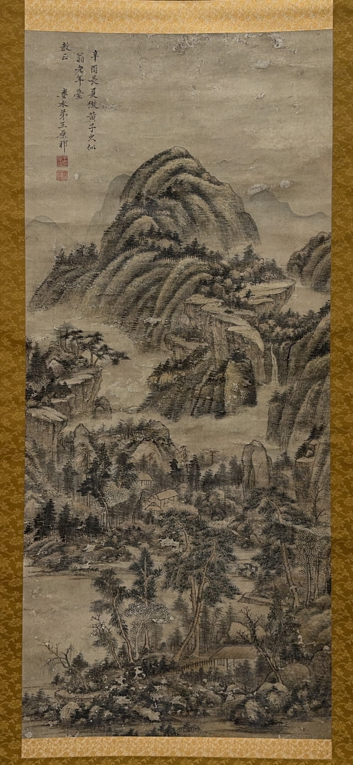 35549	「王原祁」款 古画 山水図 軸	116×50㎝