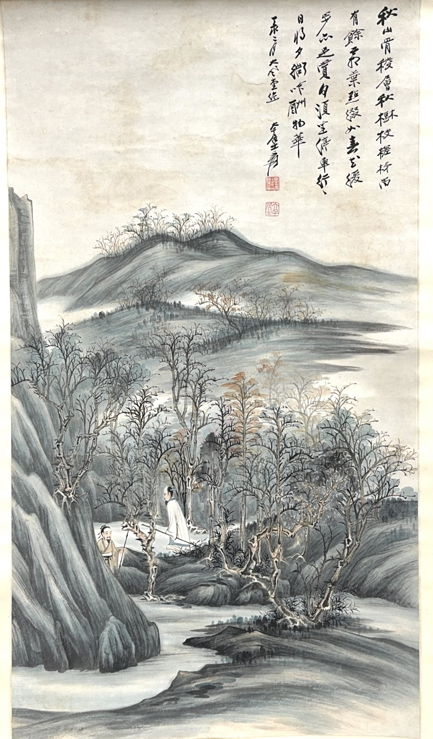 35590	「張大千」画 山水人物図 軸	110×61㎝