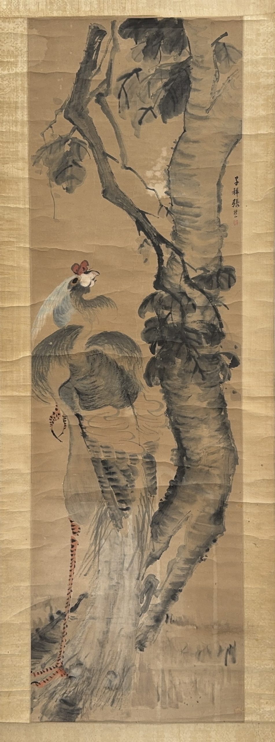 35628	「張熊」画 鶏図 軸	148×45㎝