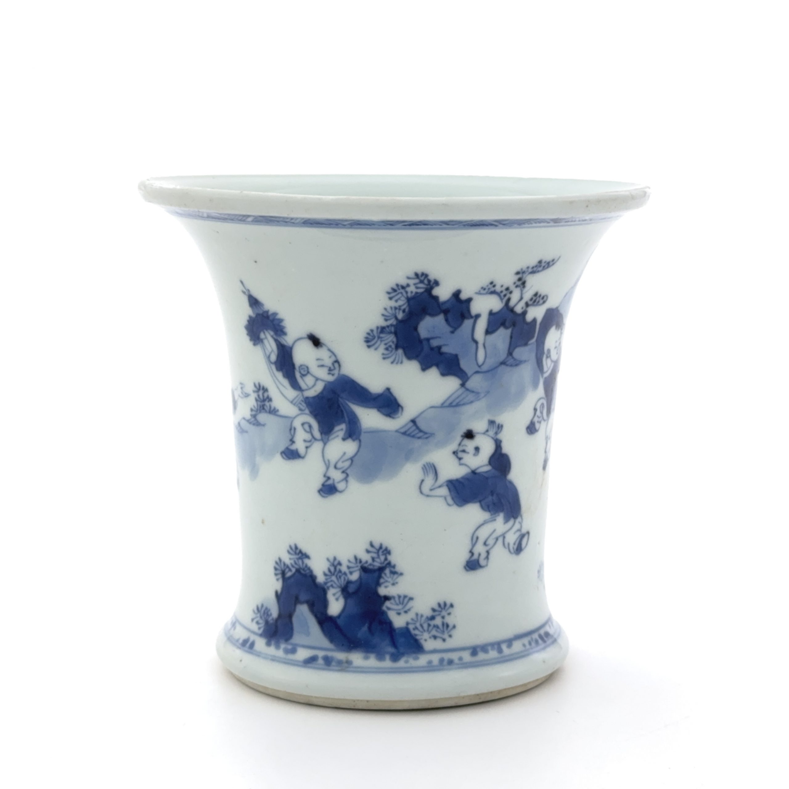 36021	清早期 青花 山水童子図 筆筒　