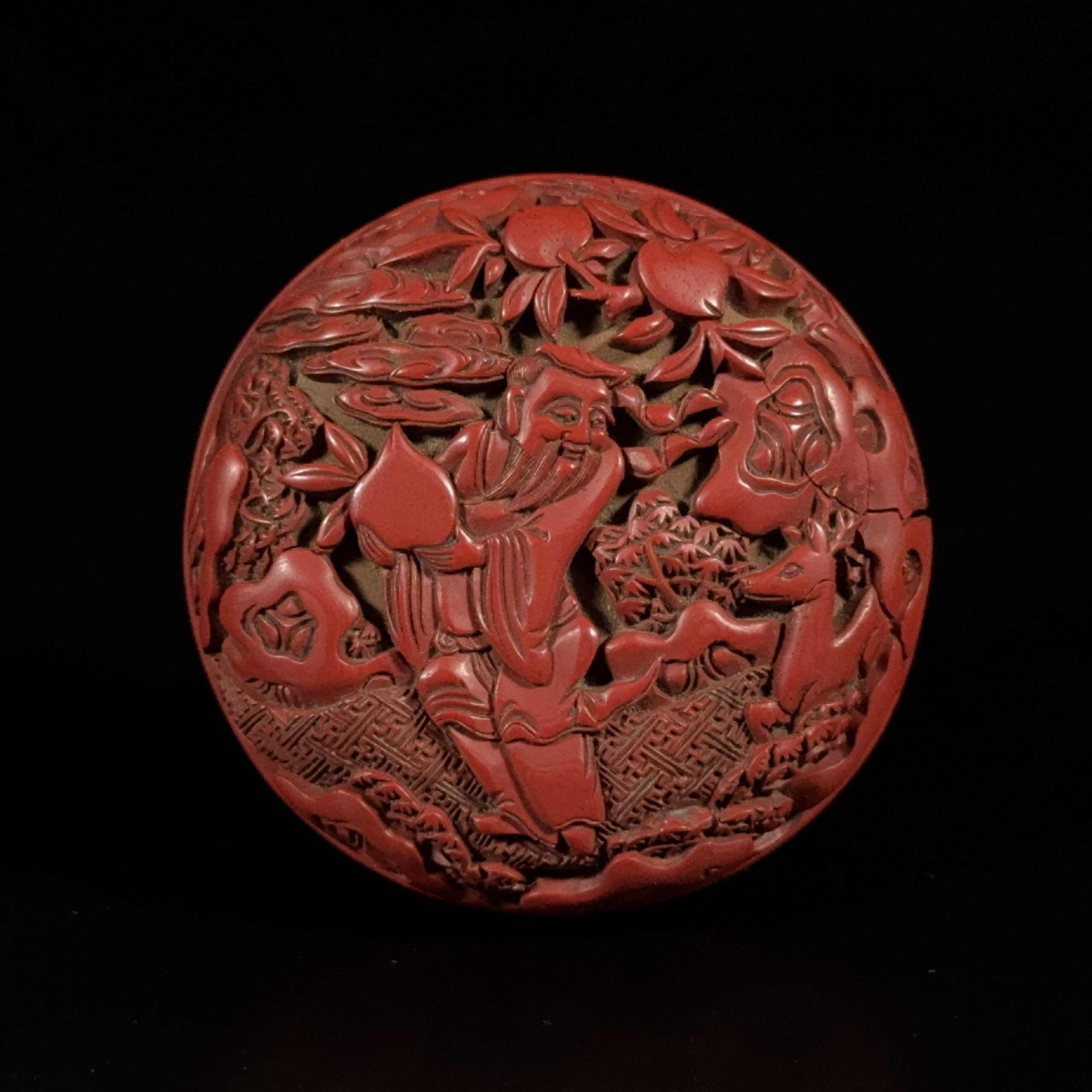 36227	明 剔紅両面雕 吉祥紋 圓盒
