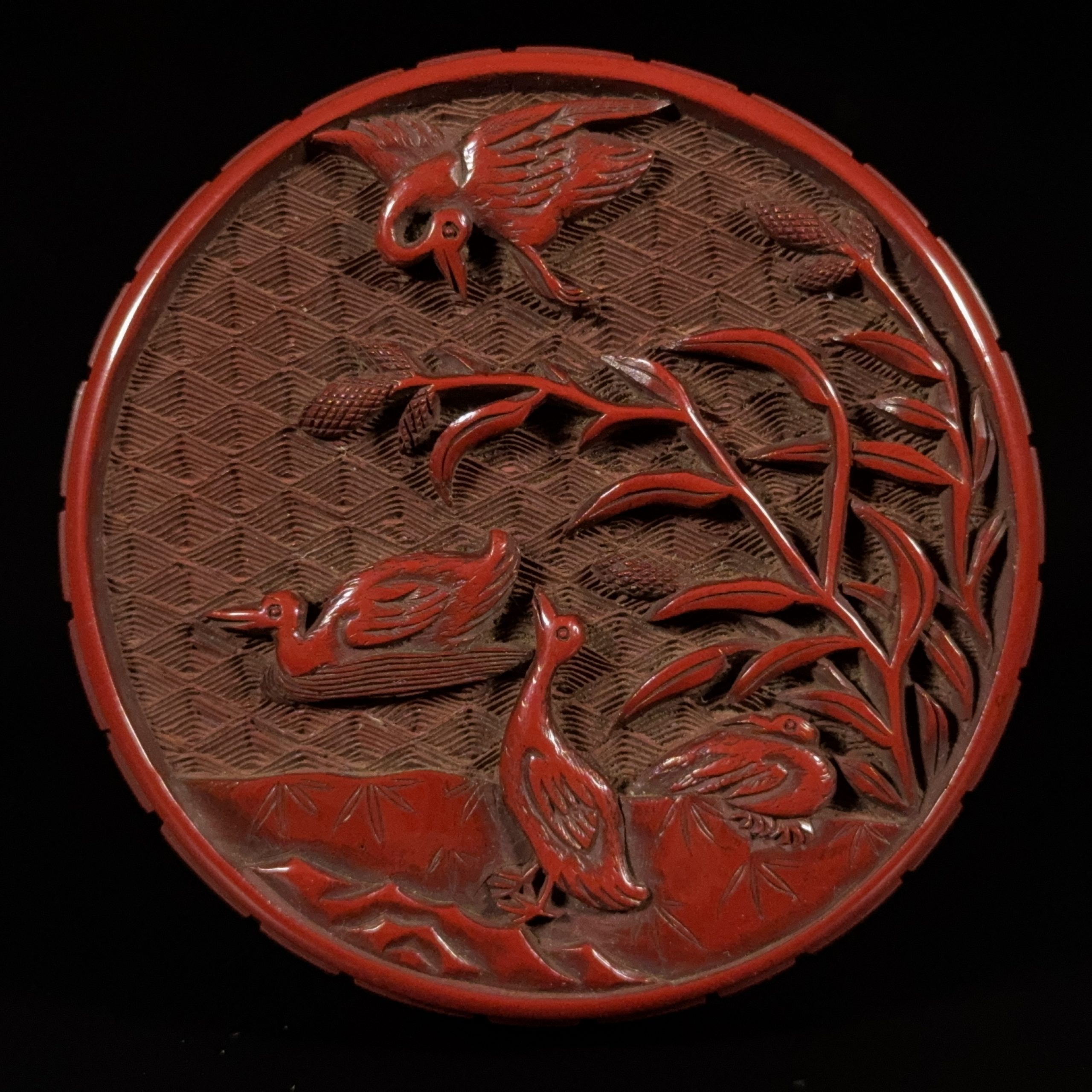 36228	明 剔紅雕 花鳥紋 圓盒