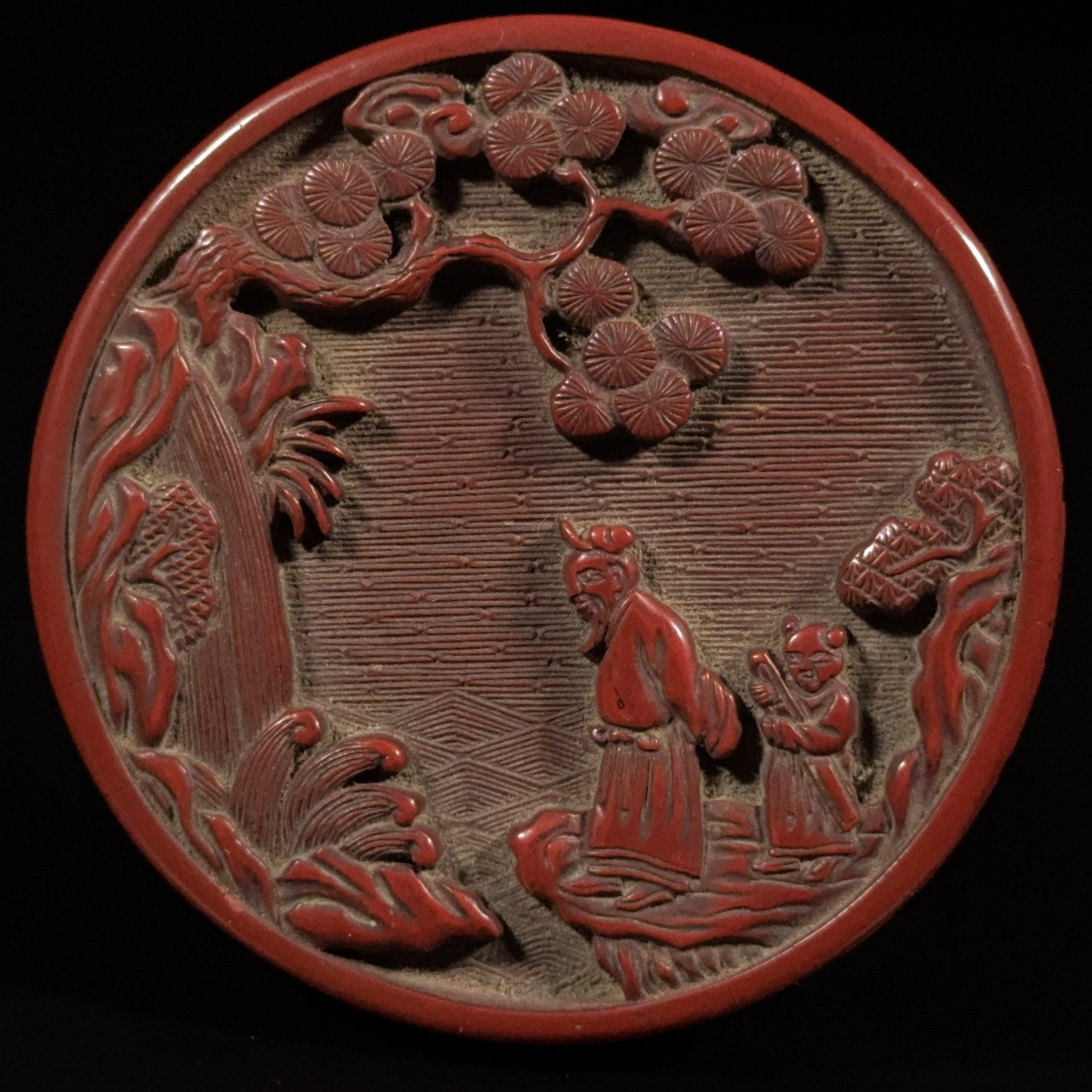 36233	明 剔紅雕 山水舟人物紋 圓盒