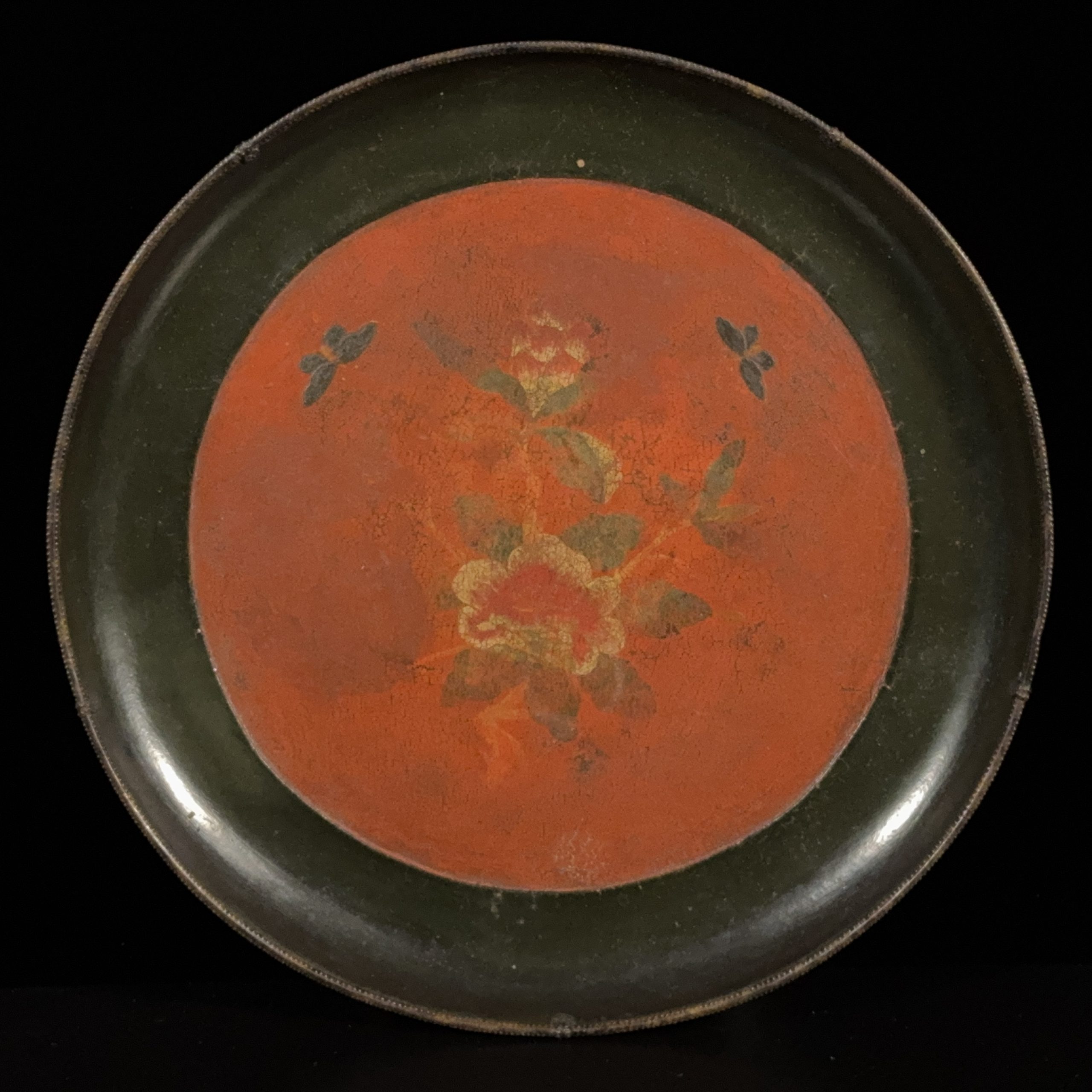 36236	黒漆 漆彩 花蝶紋 盤