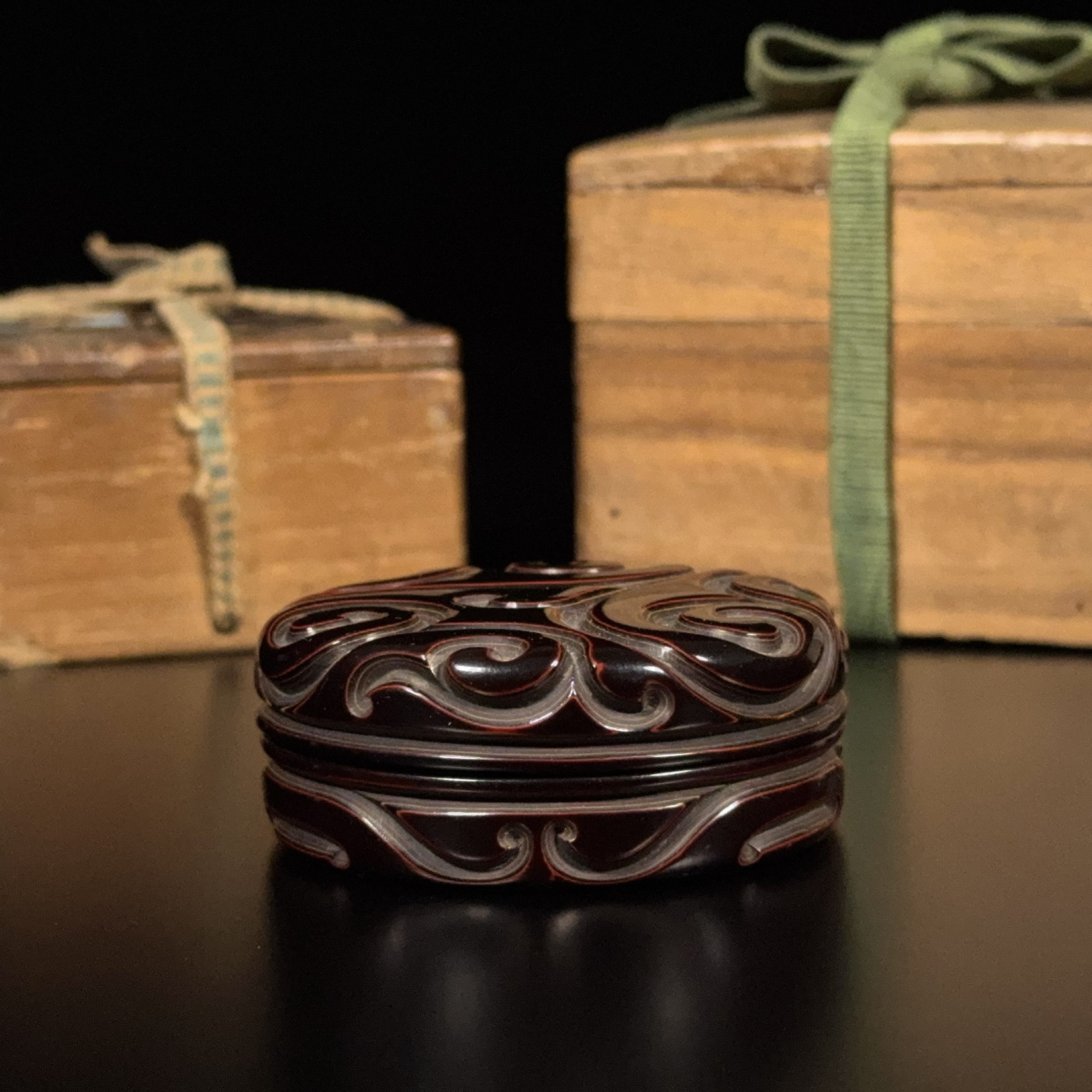 36242	明初 剔犀雕 如意雲紋 圓盒