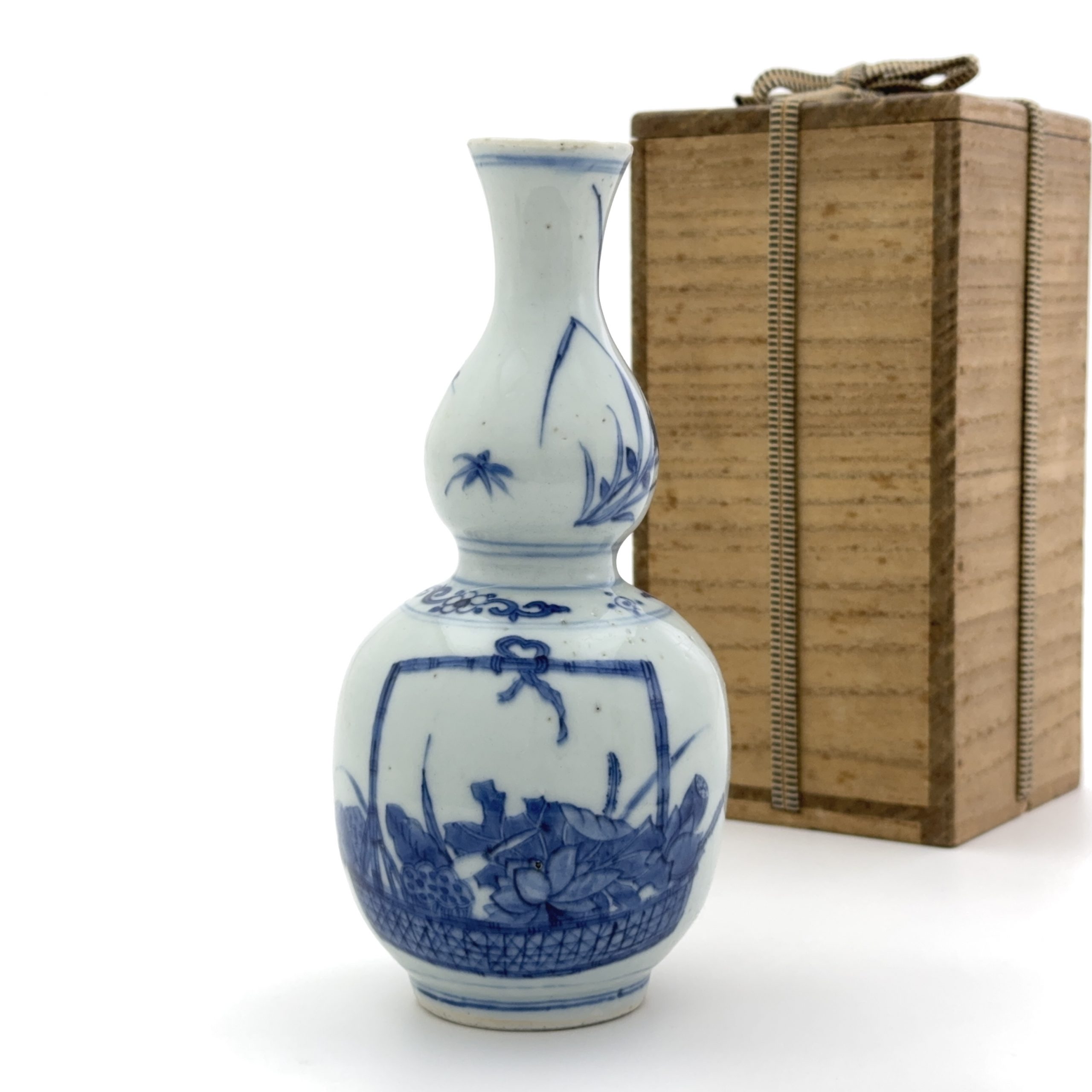 36263	明末 青花 花籠図 葫蘆瓶