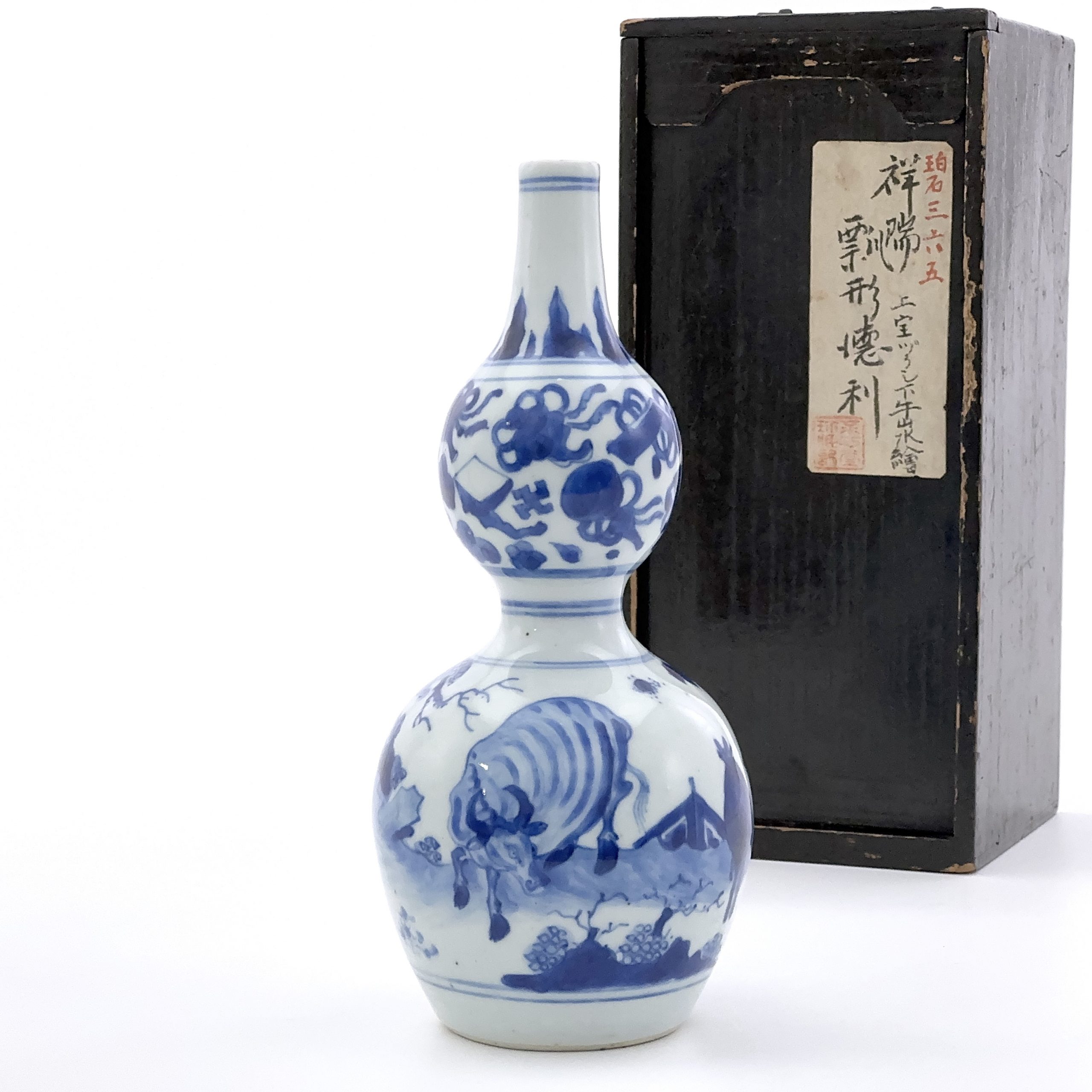 36029	清初 青花 山水牛図 葫蘆瓶	　