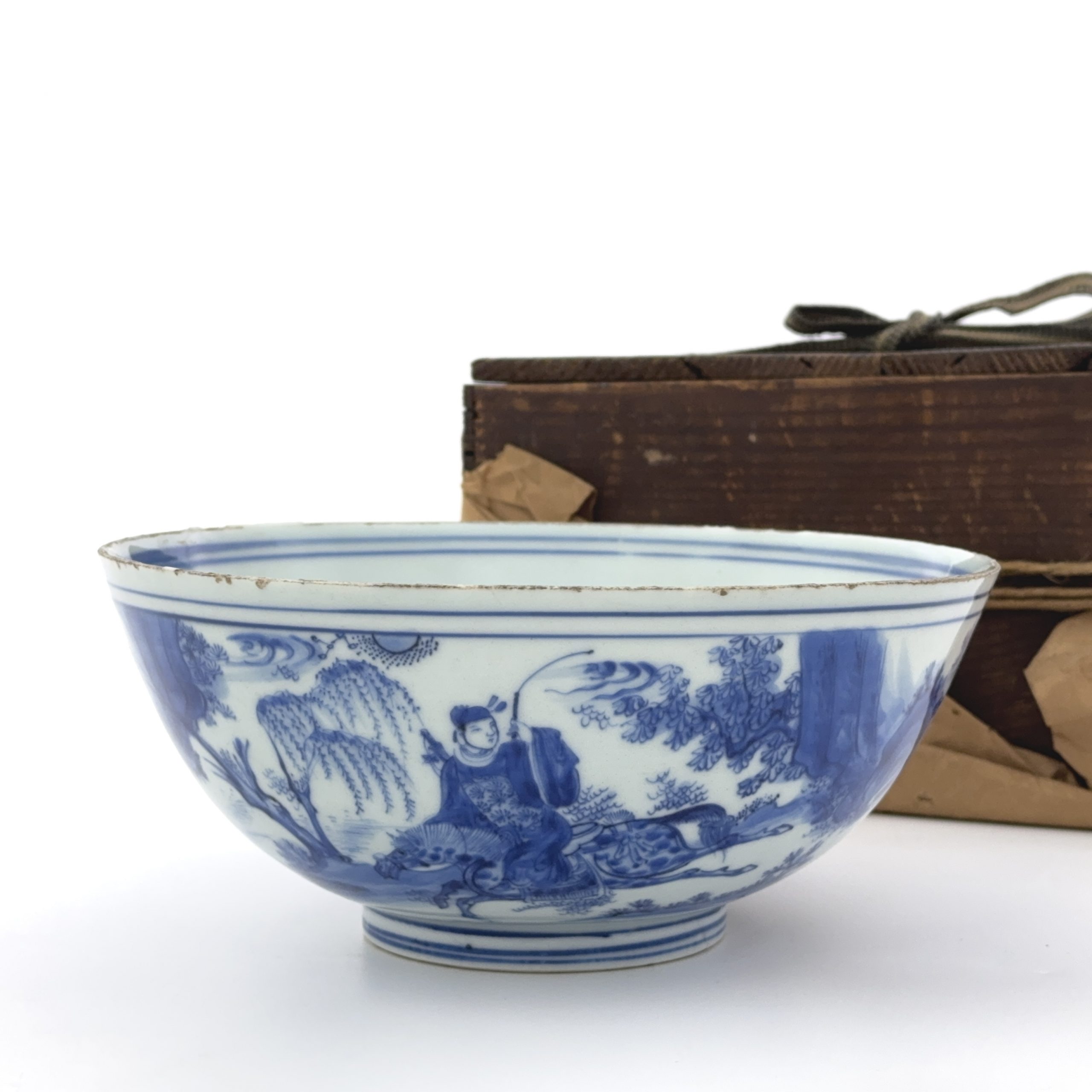 36031	明末清初 青花 山水人物図 碗　