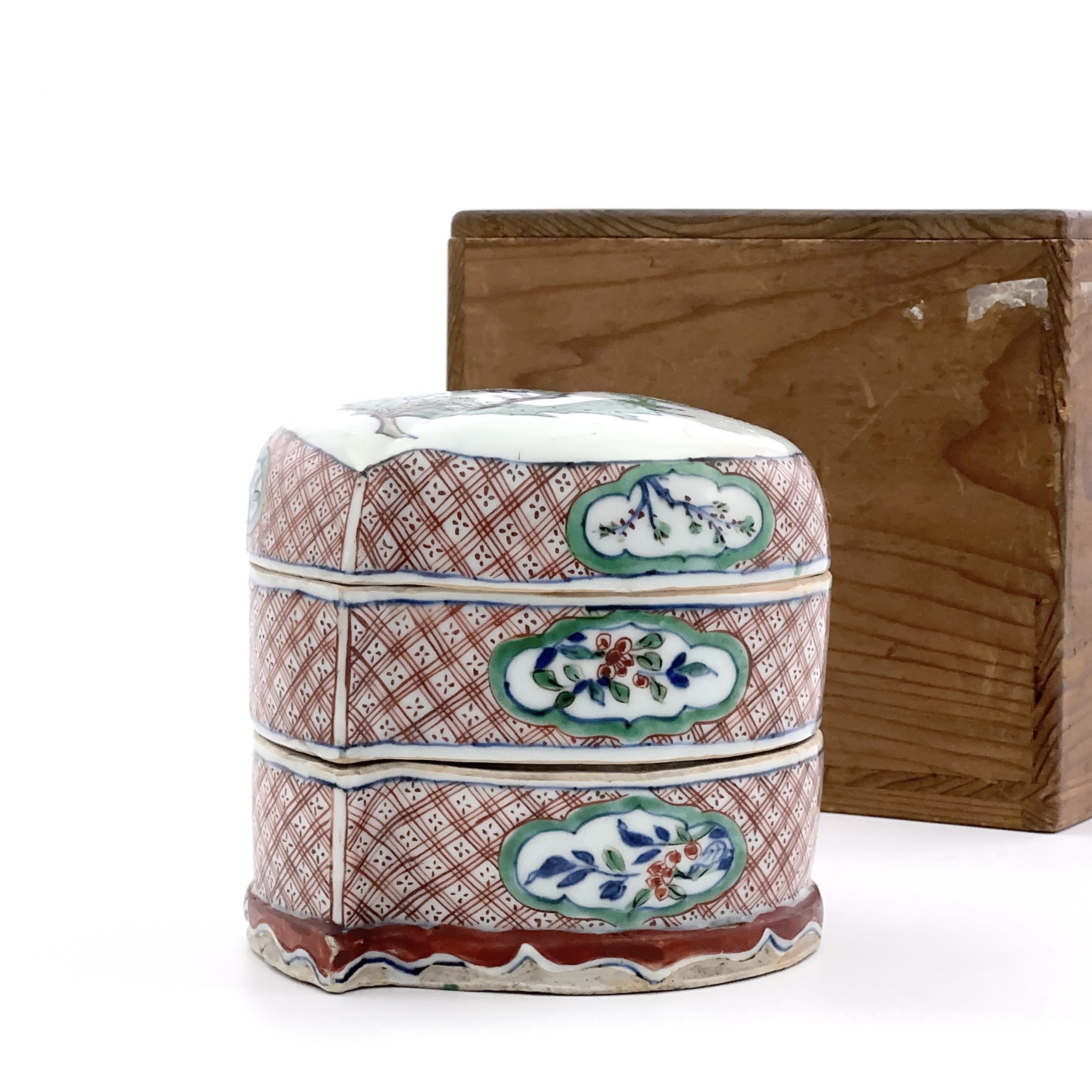 36049	明末 五彩 花紋 桃形 二截盒	　