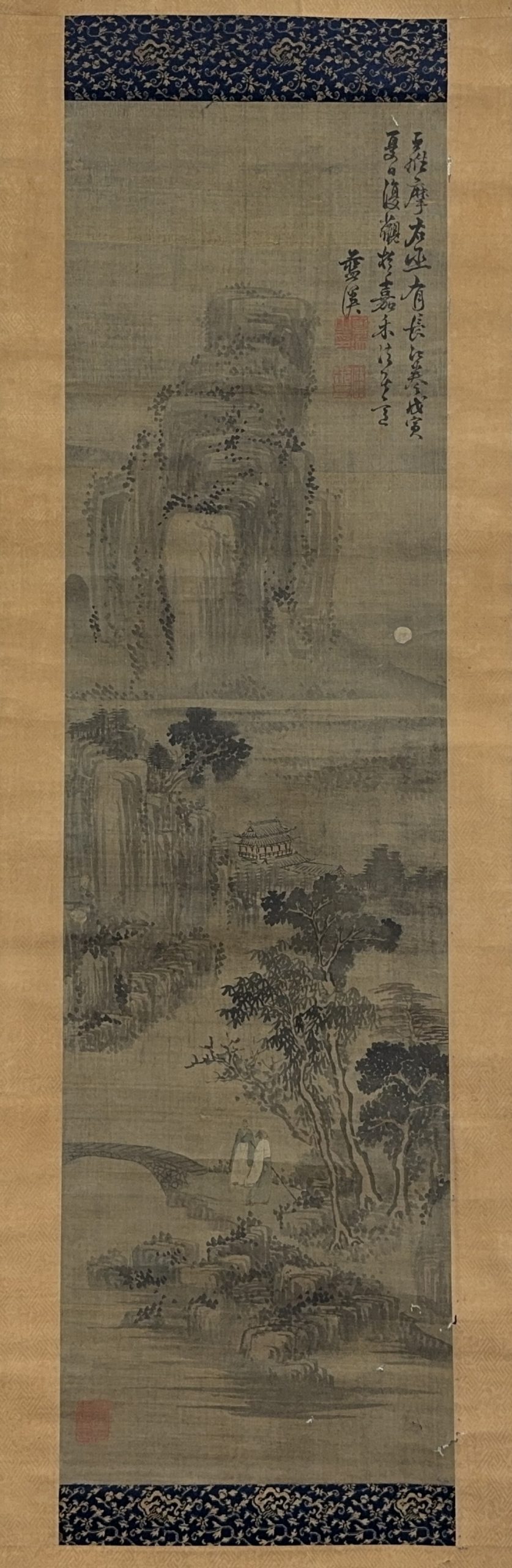 36516	明「藍瑛」画 山水人物図 軸	104×29㎝