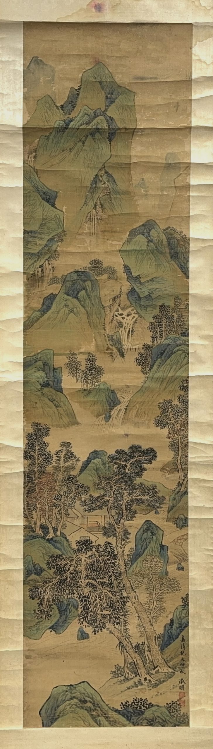 36541	「文徴明」款 古画 山水図 軸	180×42㎝