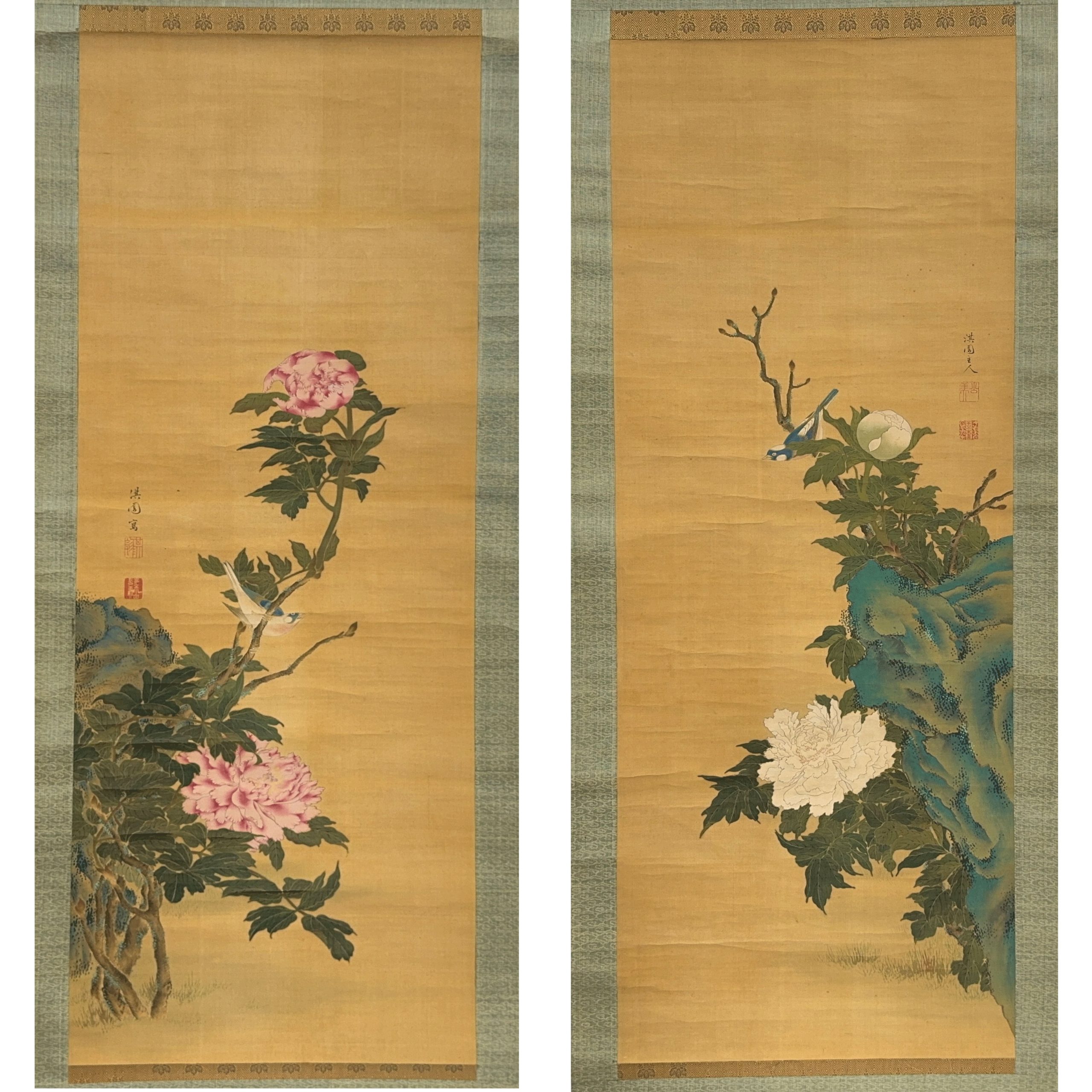 36588	在銘 花鳥図 軸 一対	110×42㎝