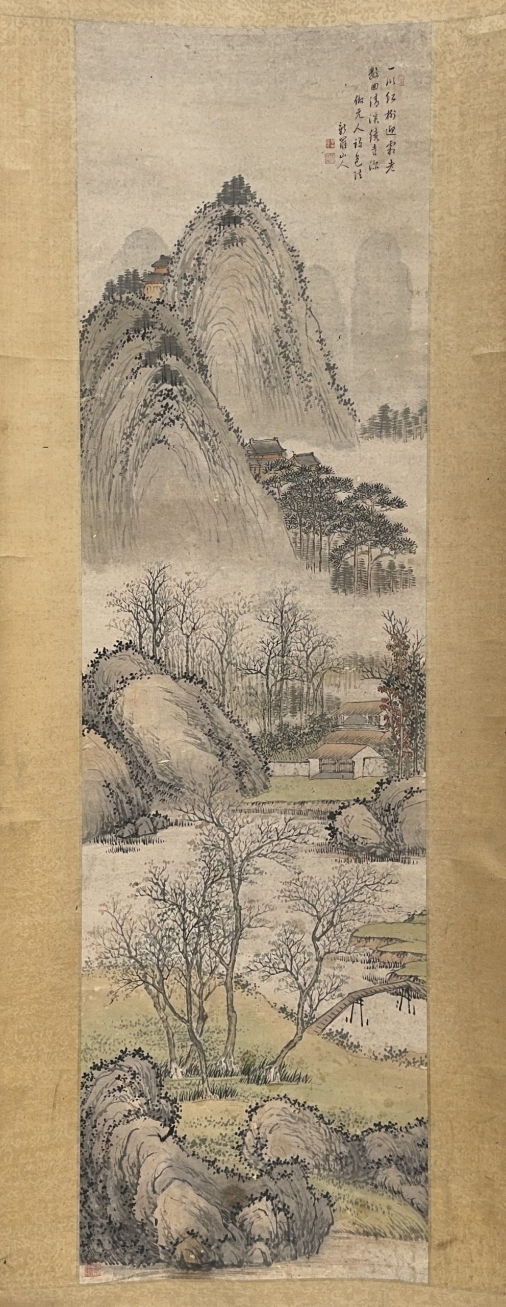 36623	「新羅山人」画 山水図 軸	140×39㎝