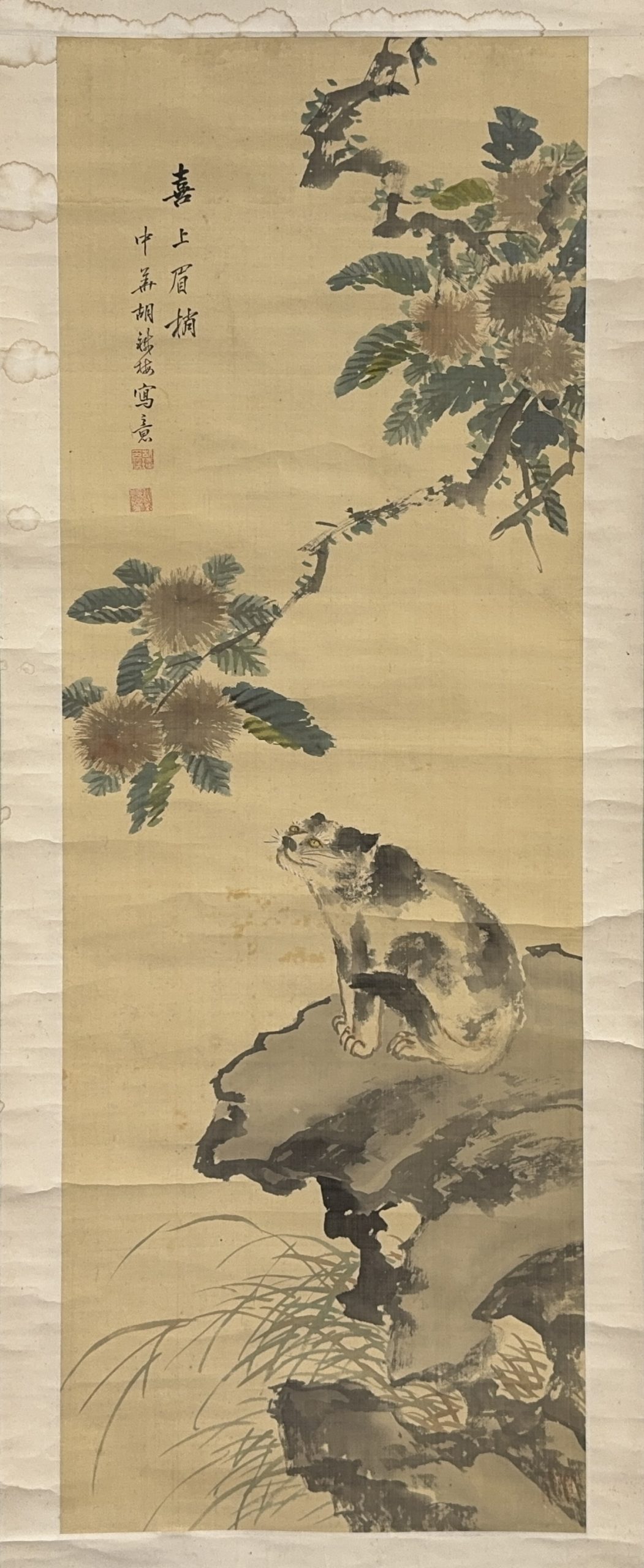 36630	「胡鐡梅」画 猫図 軸	118×41㎝