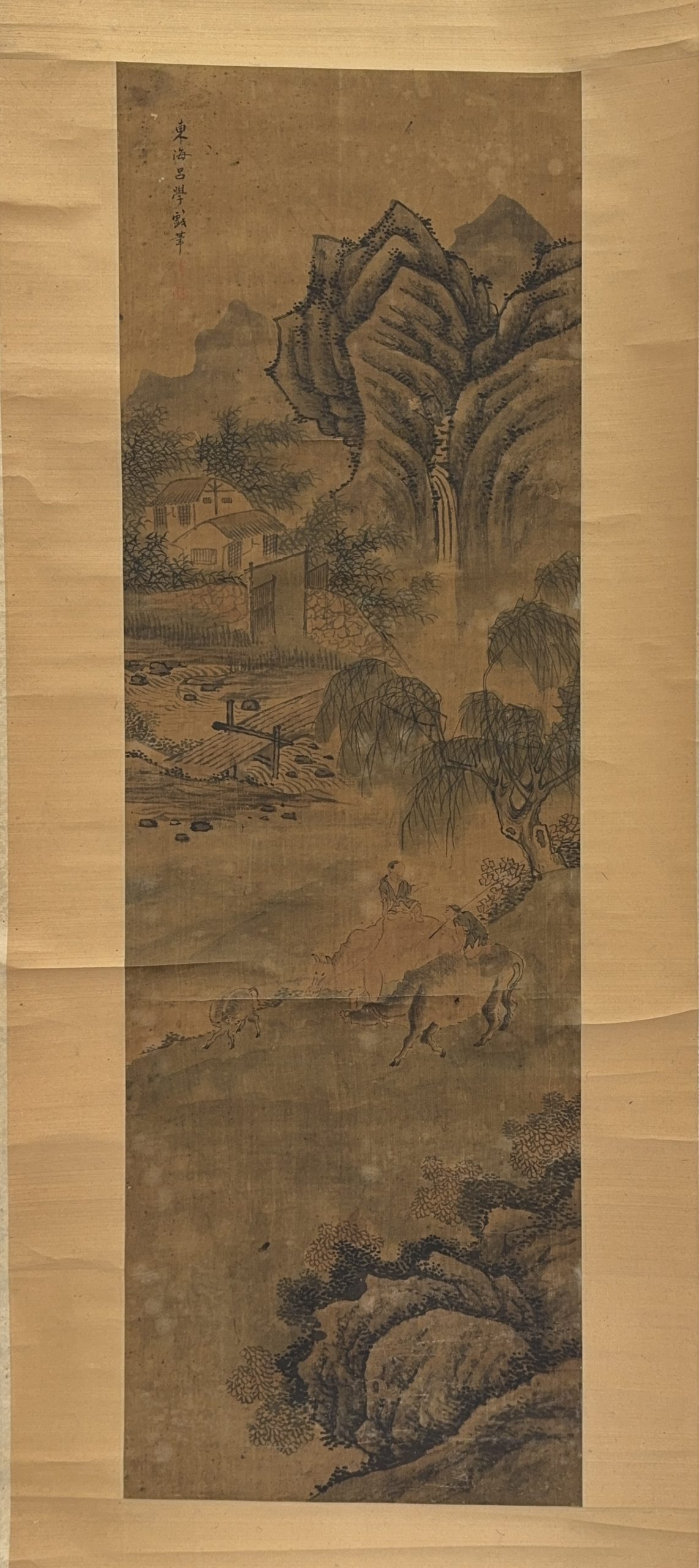 36663	「呂学」画 古画 山水図 軸	107×34㎝