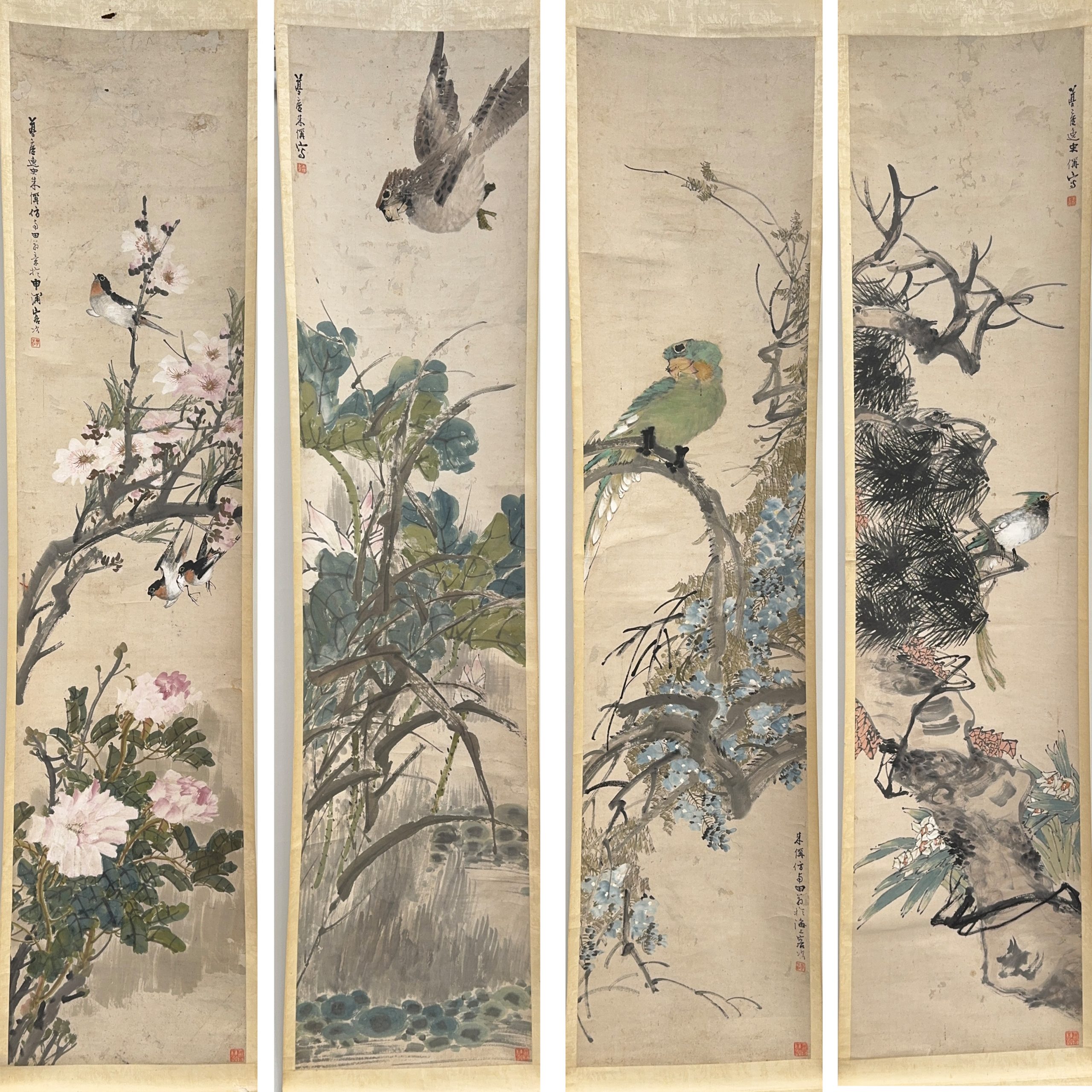 37513	十九世紀「朱夢盧」画 花鳥図 四屏	183×42㎝